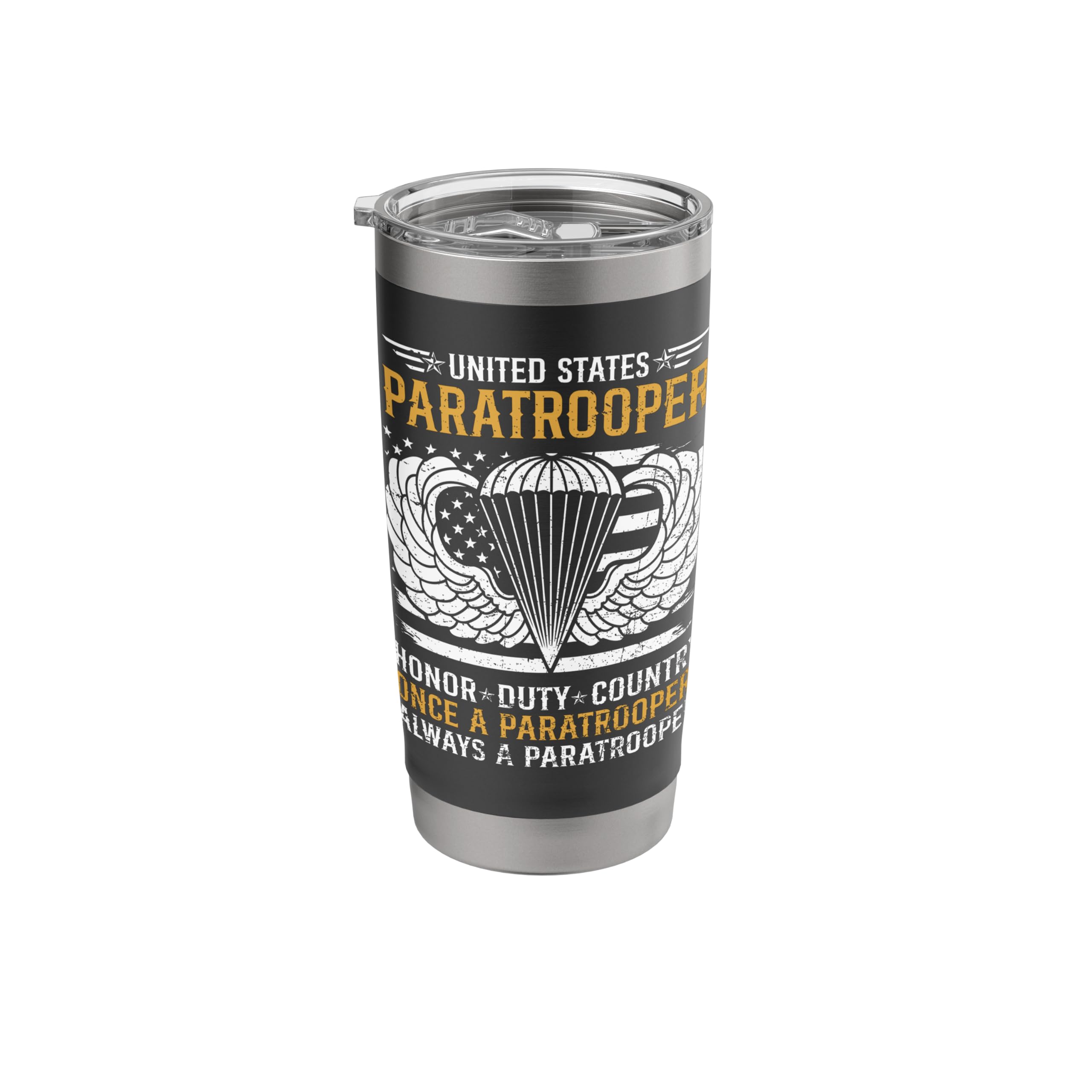 Once A Paratrooper Always Airborne US Veteran Flag USA Stainless Steel Insulated Tumbler Black 20 Ounces