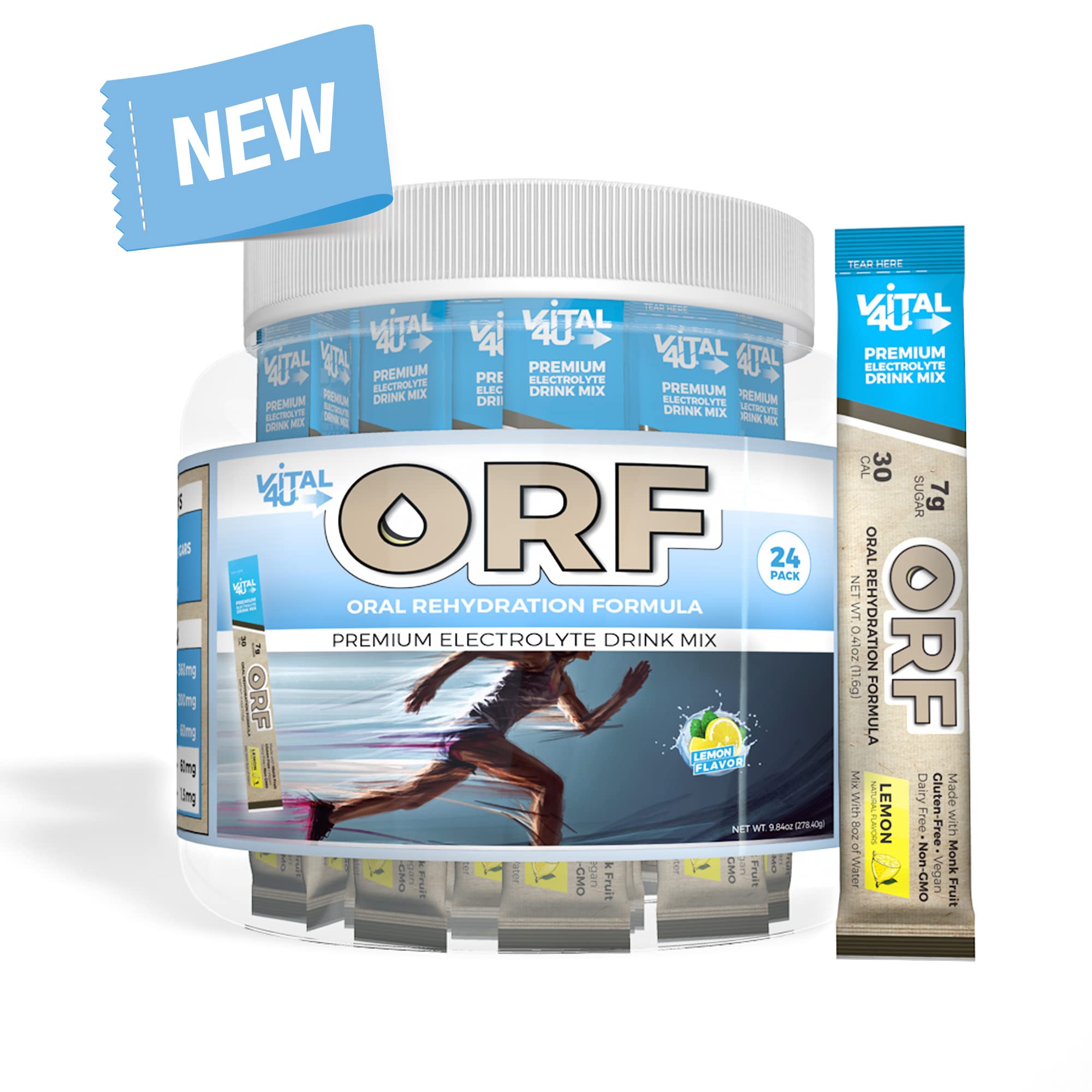 Vital 4U® ORF - Oral Rehydration Formula Electrolyte Replacement Drink Mix, Vegan, Gluten Free, with Monk Fruit - Natural Lemon Flavor - 24 Count