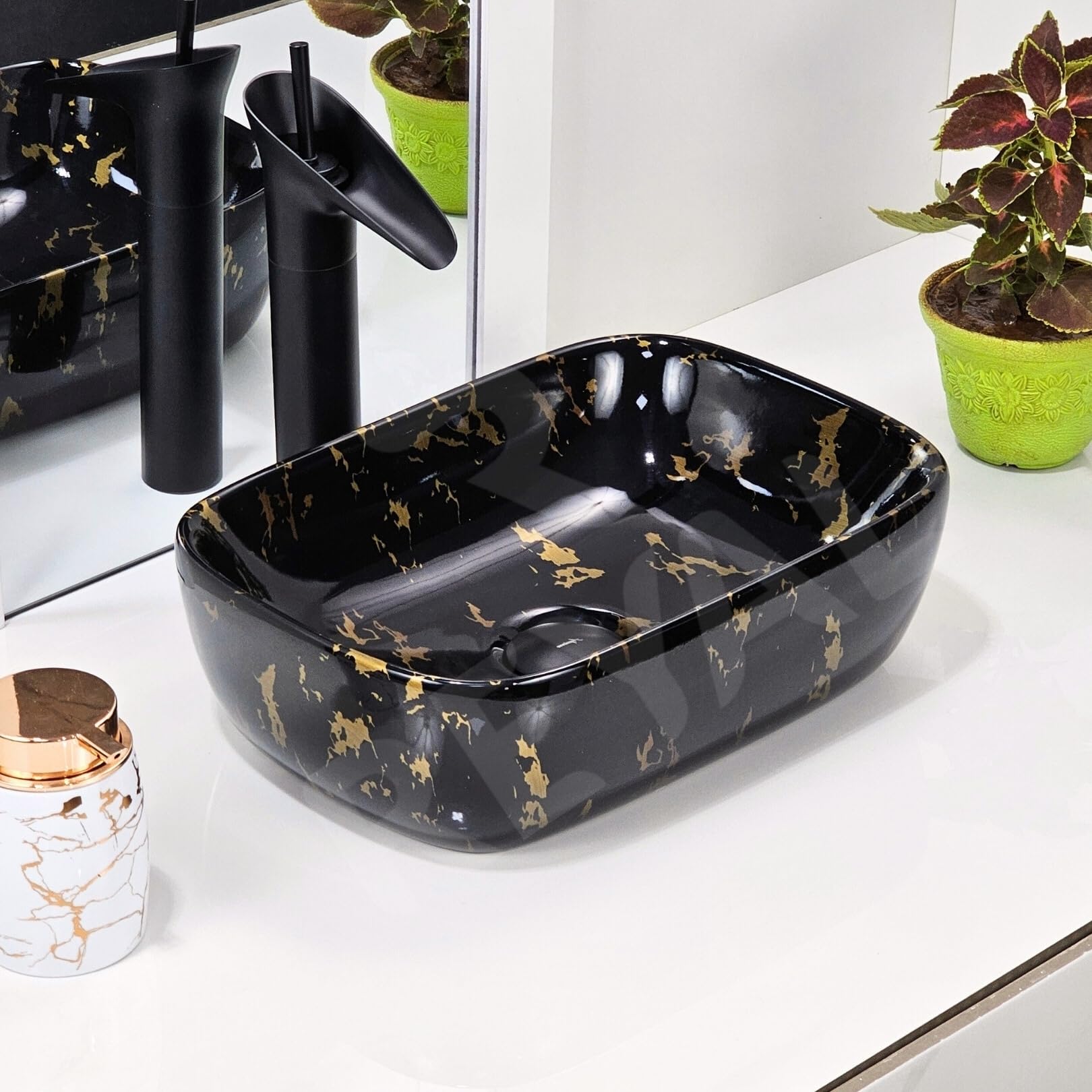 Reyal Premium Ceramic Countertop Wash Basin (10" x 14" x 5") Small | Table Top Basin Bathroom Basin for Home Office Hotel (Glossy Finish) I (BLACK GOLD GLOSSY) (B0CWZ8TQWX) Amazon Price History, Amazon Price Tracker