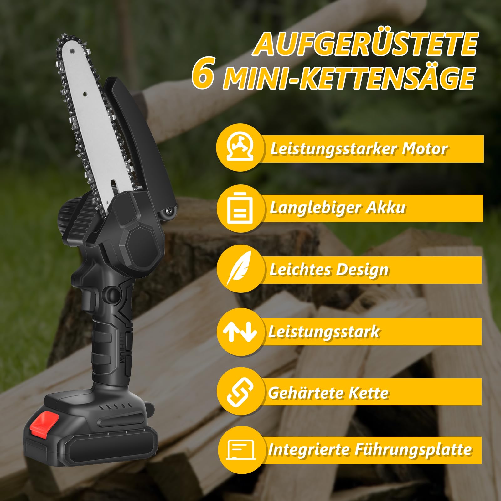 AIOMEST Mini Motosierra Bateria 8000mAh, 6 Pulgadas Motosierra Eléctrica 2 Baterías de Gran Capacidad y 2 Cadenas, Podar Arboles Motosierra de Mano Mini Motosierra Pequeña Para Jardin
