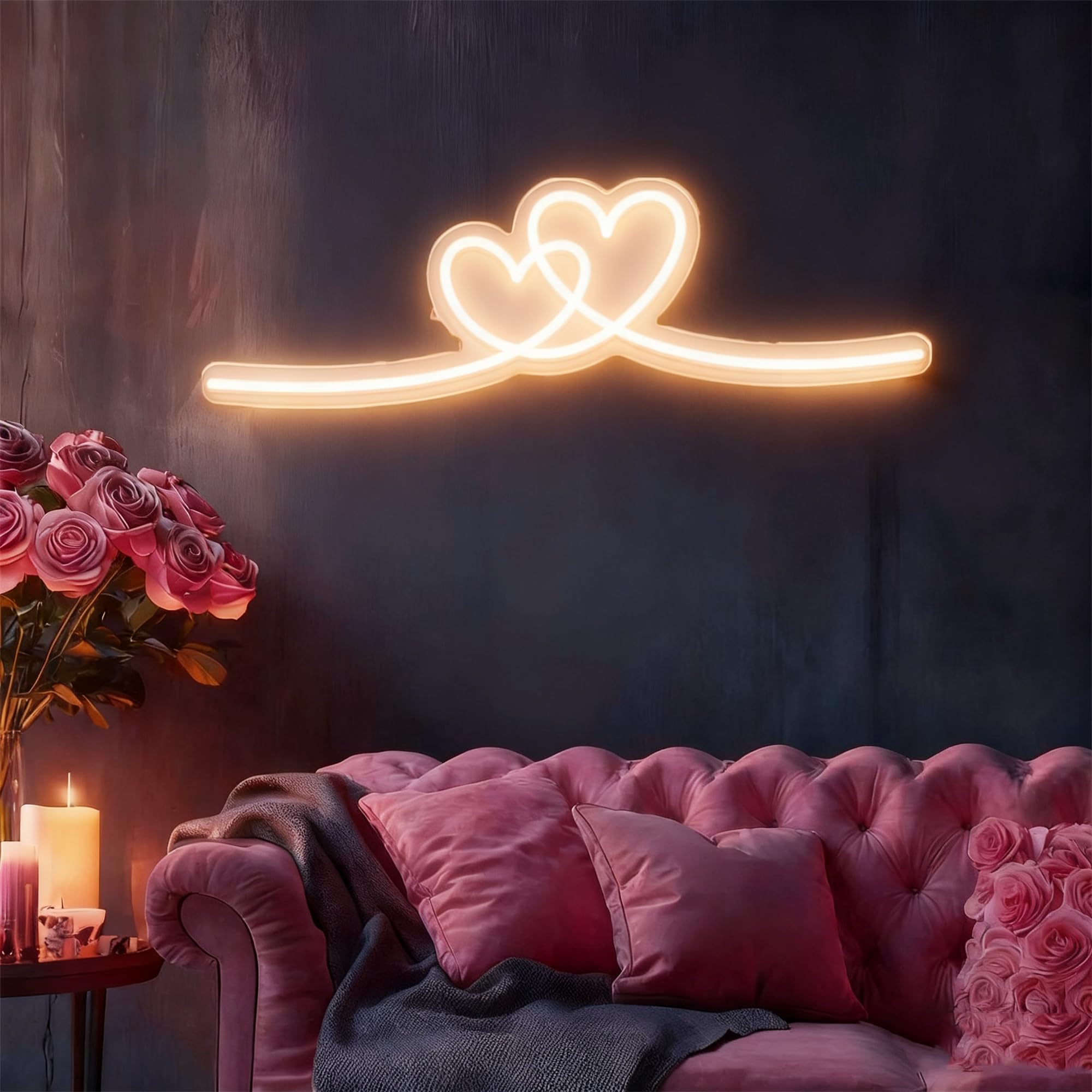 Warmweiß Doppelherz Neonschild, Dimmbare Neon Herzlichter, LED Liebesdekorationslampe 5V USB Stromversorgung für Geburtstag, Hochzeit, Valentinstag, Partydekoration