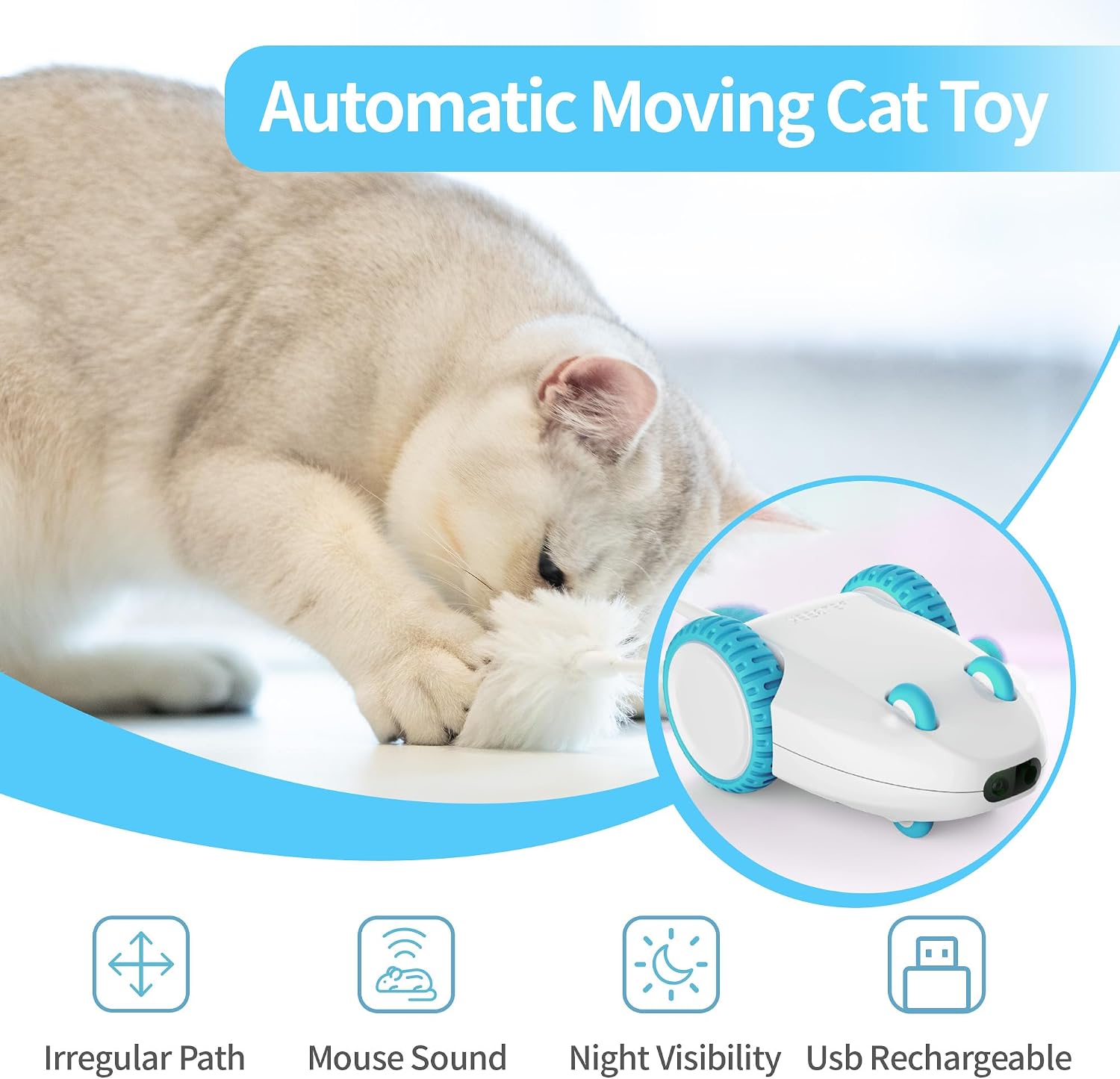 PETGEEK Automatic Cat Mouse Toys Interactive Cat Toys for Indoor Cats, Smart Sensing Moving Electric Cat Toys with Catnip Wand, USB Rechargeable Remote Control Squeaky Mouse Cat Toy, 3 Catnip Tails image 5