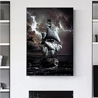 LYHNB Quadro su Tela Pittura 30x50cm Senza Cornice Nave Pirata in Mare Barca a Vela Nera Immagini a Parete Vintage per Soggiorno Decor