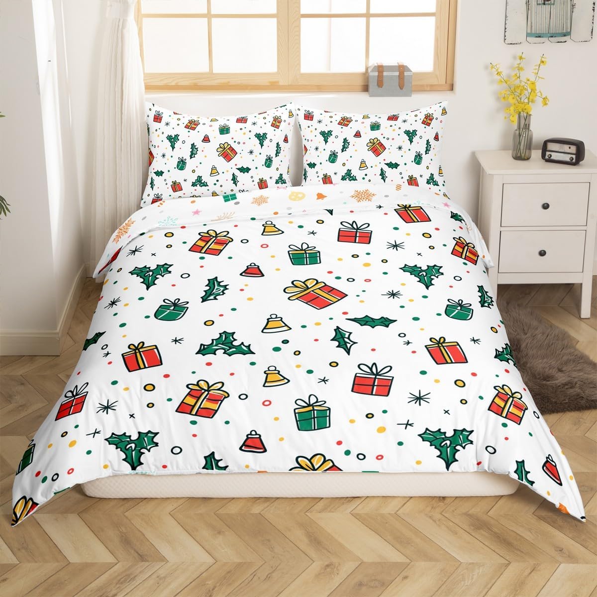 Merry Christmas Duvet Cover Set Toddler Size,Cartoon Xmas Gifts Leaves Dots Print Reversible Quilt Cover for Kids Boys Girls Cute Red Green Sketch White Bedding Set with 1 Pillowcase,No Comforter