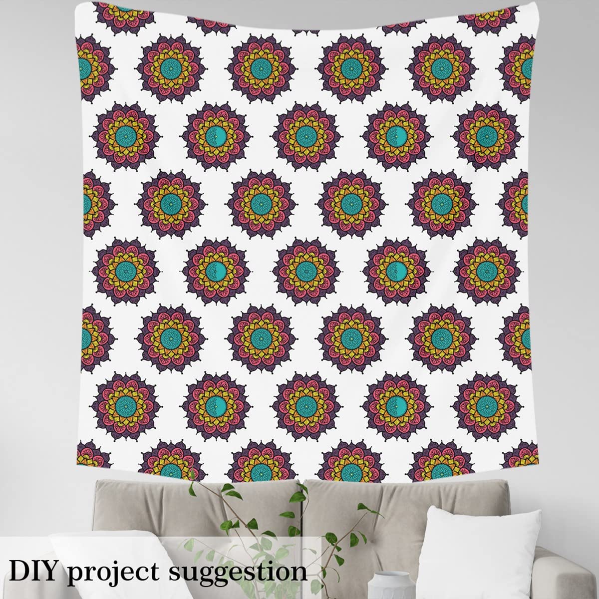 Tkanina mandala, styl boho tkanina na podwórku, hipisowska mandala do projektów DIY i domu, egzotyczna kwiatowa tkanina na zewnątrz, 10 metrów, dł. 920 x 150 cm, brązowa