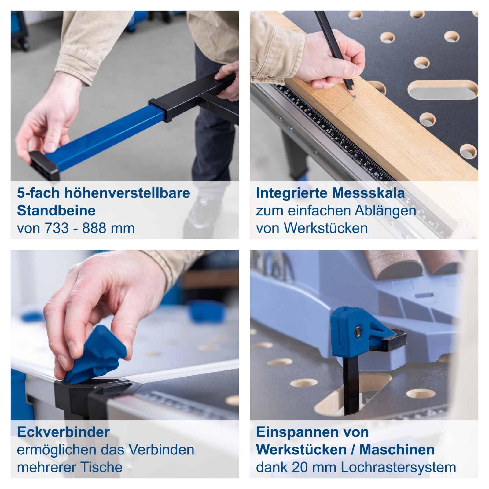Scheppach Werkbank und Spanntisch MWB150 | max. 450 kg Traglast | 5-Fach höhenverstellbar 733 – 888 mm | Integrierte Messskala | 20 mm Lochrastersystem | 848 x 600 x 85 mm Arbeitstisch mit MDF-Platte