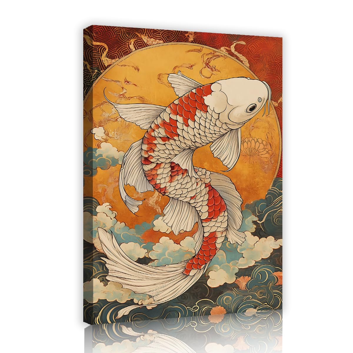 Via Vela Japanese Retro Koi Fish Wall Art Wabi Sabi Canvas Print Great Wave Dragon Carp Artwork Asian Decor for Living Room Bedroom Office 60x90cm