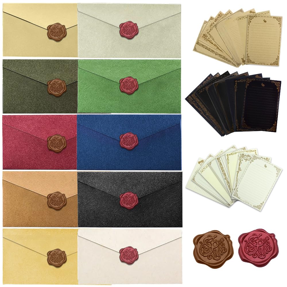 Letter Set Envelopes 10 Colors, 24 Sheets of Notepaper, Stylish Craft Paper in Antique Style, Sealing Seals, Letter Set, Notepaper and Envelopes, Stylish Letters, Simple, Proposal Letters, Invitations