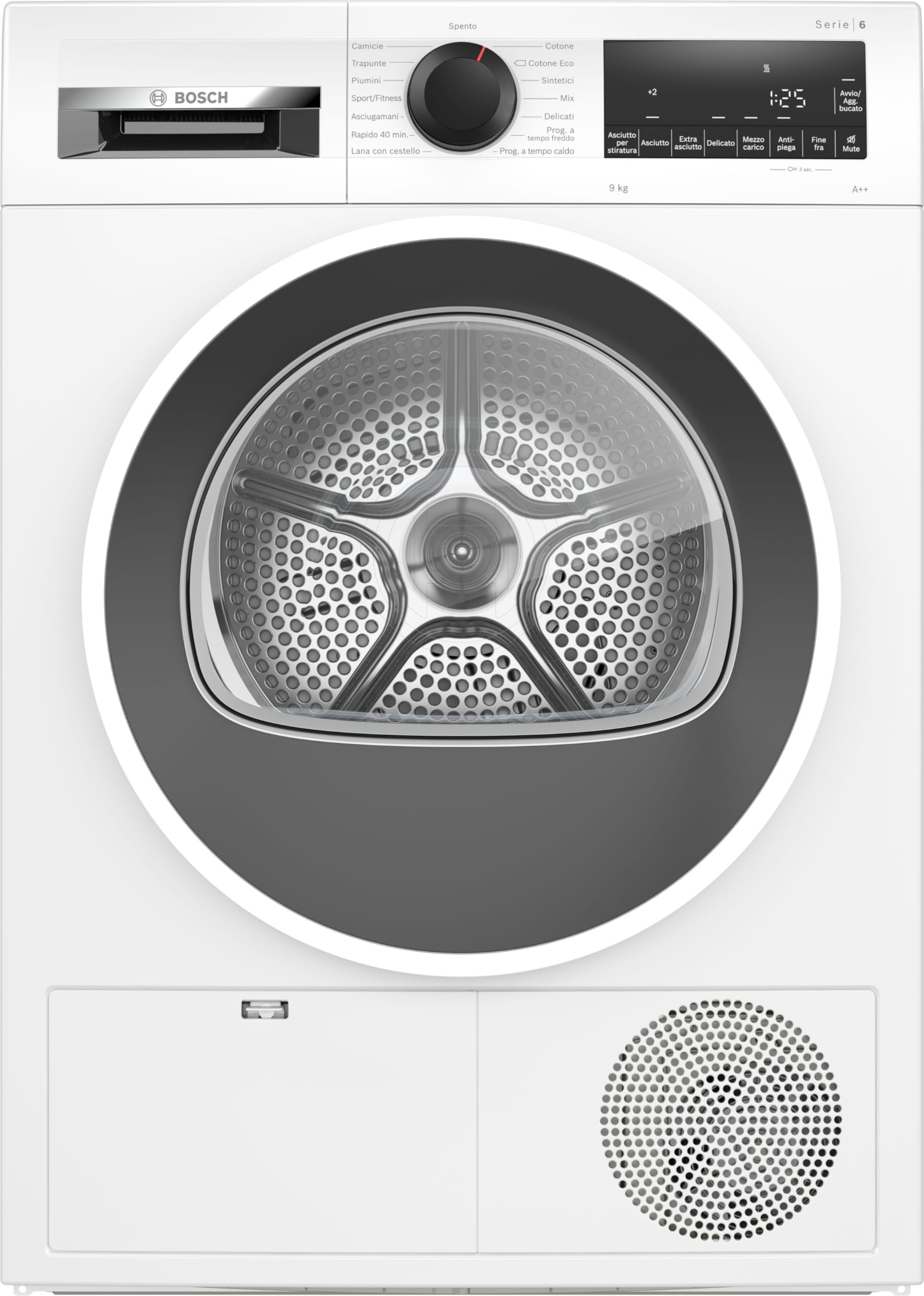Bosch WQG24108IT Serie 6, Asciugatrice a pompa di calore, capacità 9 kg, EasyClean: i filtri per la lanugine, Cestello Lana, Mezzo carico, Programma Rapido