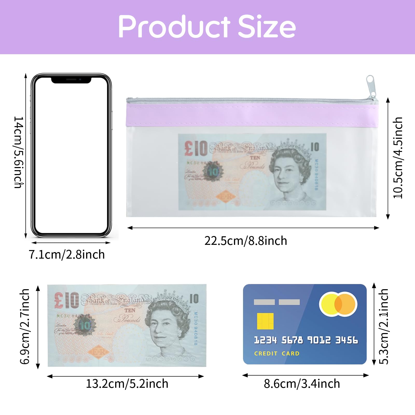 10 Pcs Money Bags with Zipper- Cash Envelopes Clear Cash Bags Coin Purse Small Plastic Wallet for Bills Cash Invoice Office School or Travel Supplies - Image 2