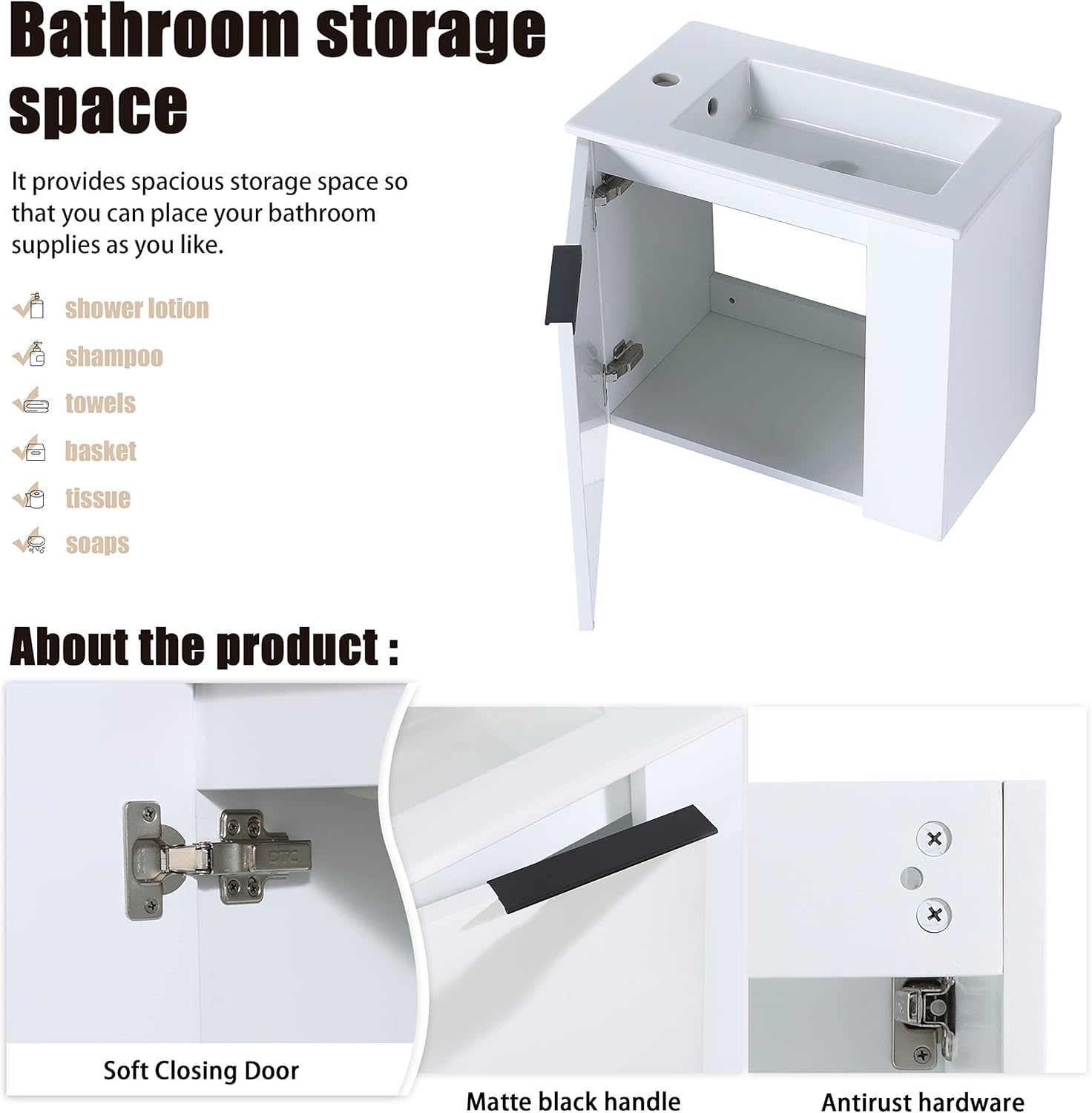 22" Bathroom Vanity with Sink, 22 Inch Floating Vanity with Ceramic Basin, Modern Single Sink Bathroom Vanity Combo, Grey Wall Mounted Cabinet Set for Small Space(BN-002)