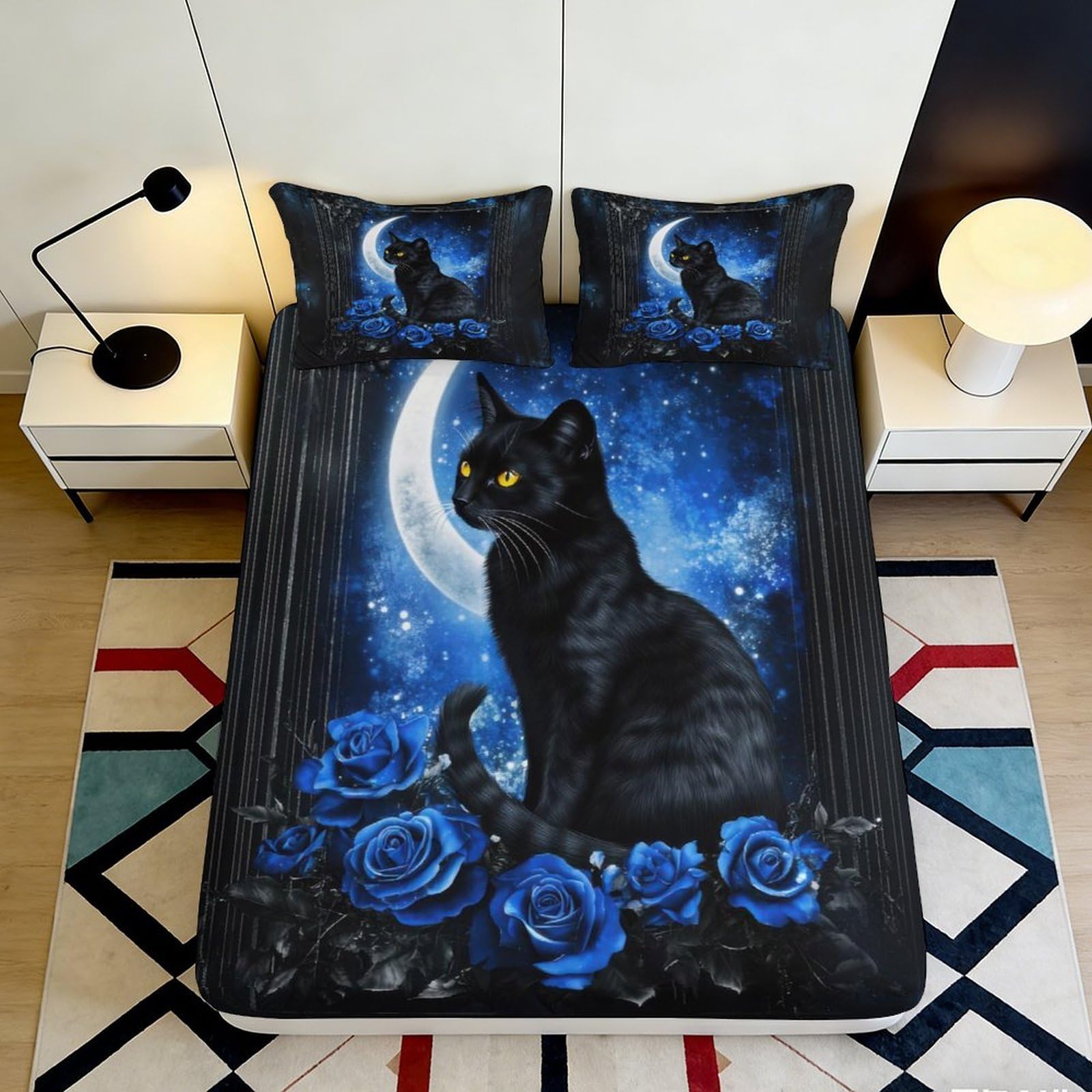 3D Printed Moonlit Black Cat Fitted Sheet Microfiber Blue Rose Bed Cover for Bedroom Guest Room Decor Mattress Protection 90x200x25cm