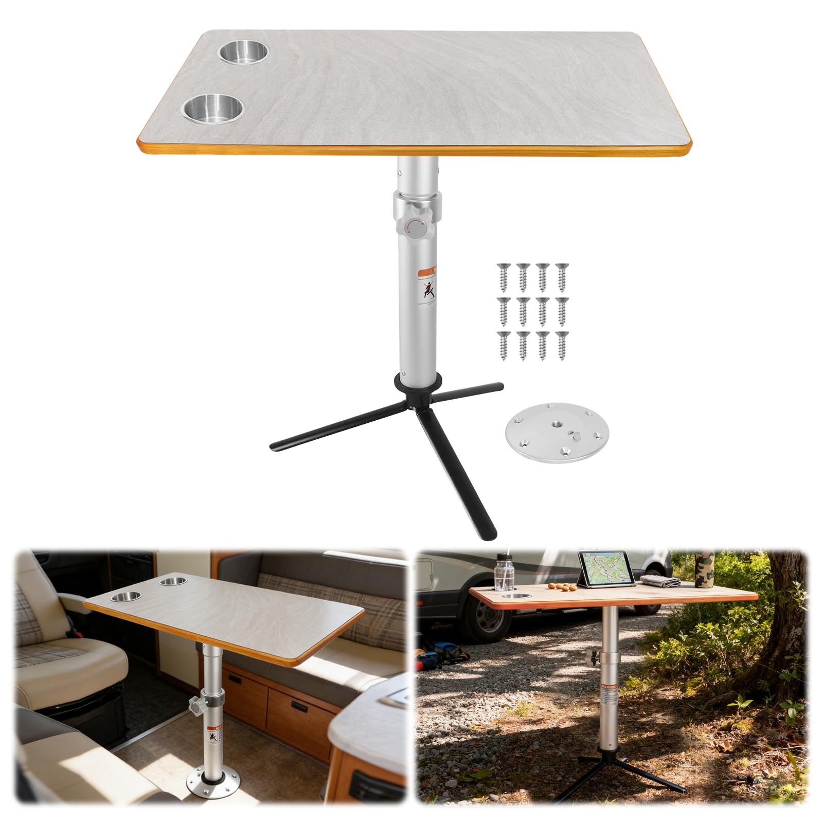 Mesa RV de doble base, sistema con patas de aluminio y base de trípode, mesa extraíble de 31.5 x 15.8 pulgadas con 2 portavasos para cámper, barco, pontón, remolque de viaje (uso en
