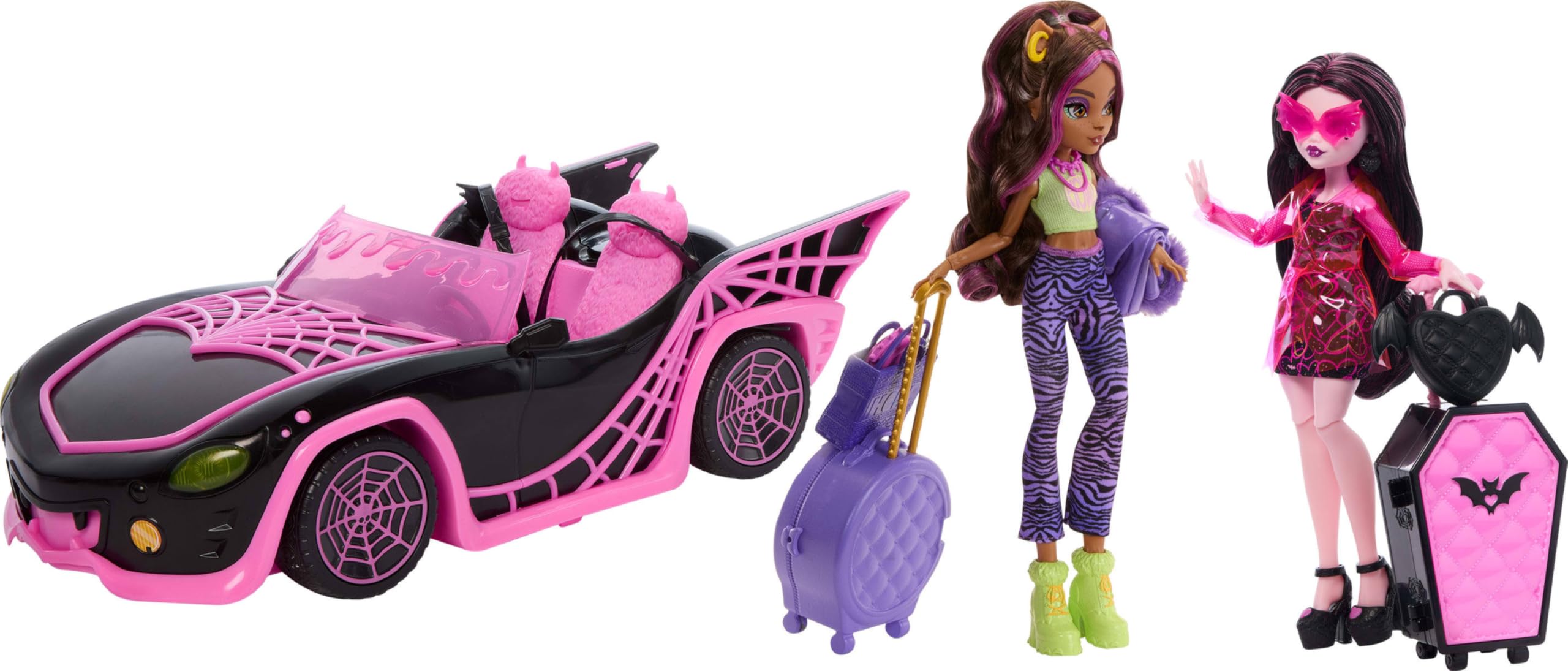 Monster High Eeekend Getaway zestaw do zabawy z lalkami Draculaura i Clawdeen Wilk, pojazd i 20+ akcesoria