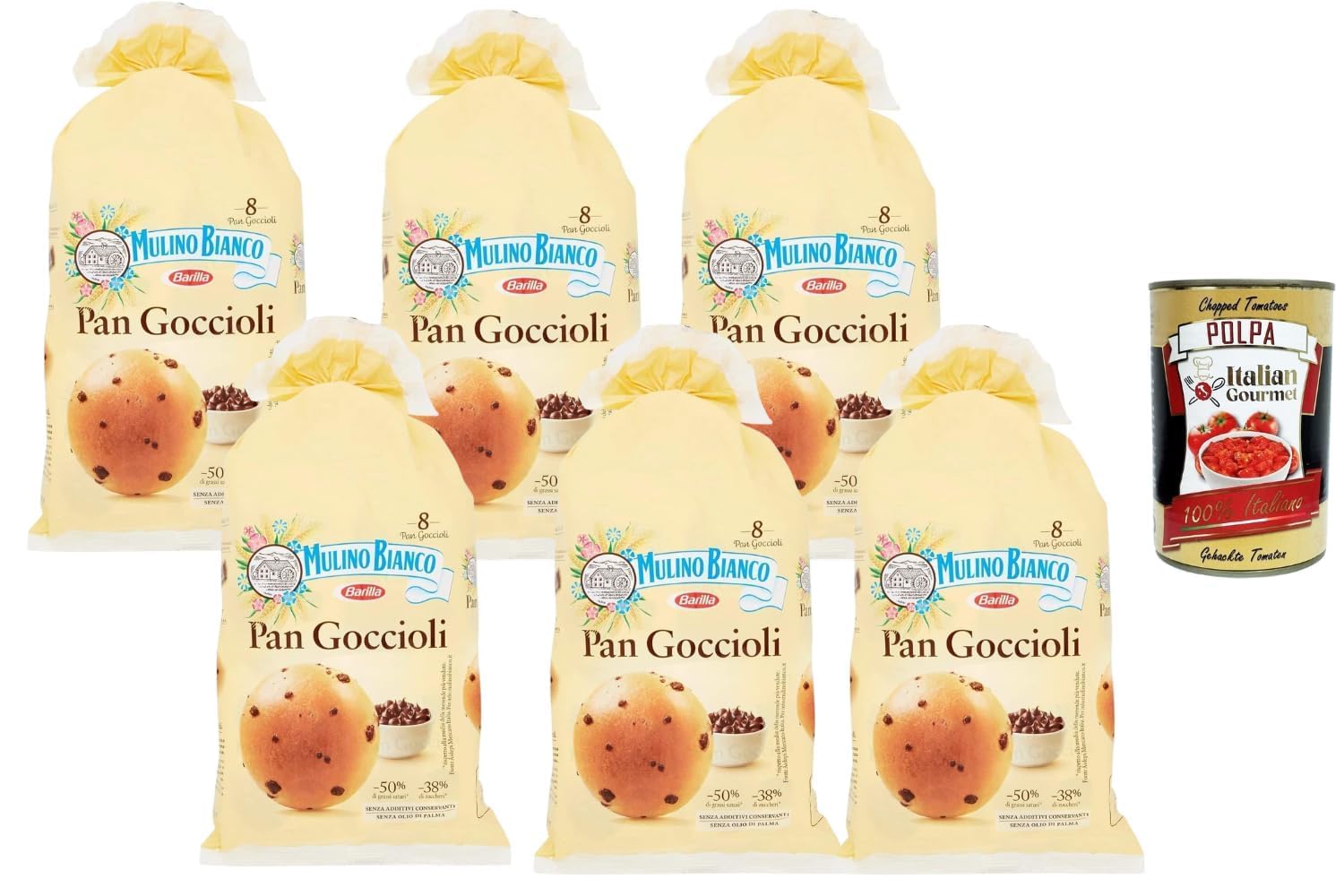 Italian Gourmet Mulino Bianco Pan Goccioli 6 x 336 g – Brioches Italiennes aux Pépites de Chocolat – Petit Déjeuner et Goûter + Italian Gourmet Polpa de Tomates 400 g