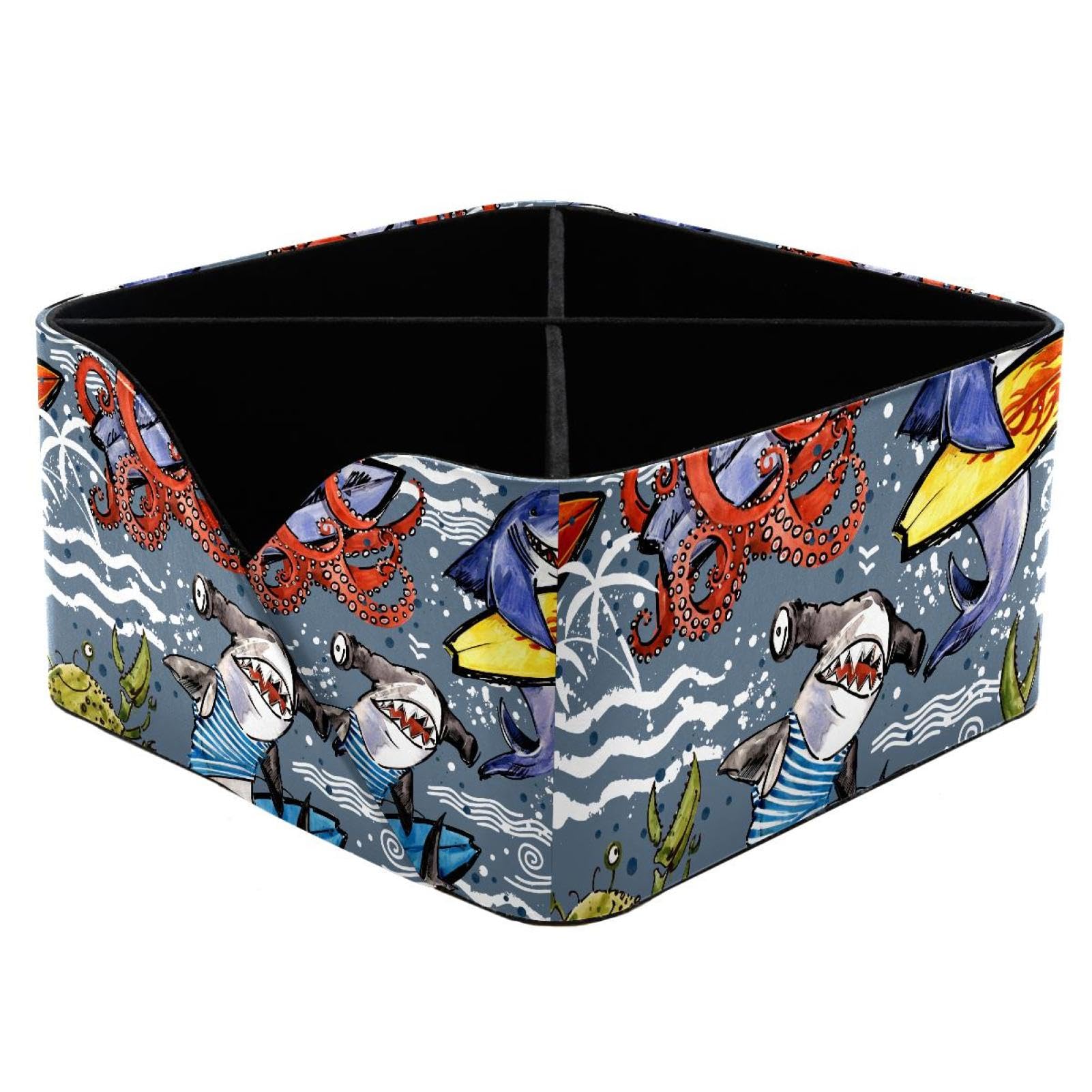 KengjuTesu Octopus Shark Surfing Desktop Organizer Pen Holder, Rectangular Pencil Cup for Office, Study and Makeup Stations