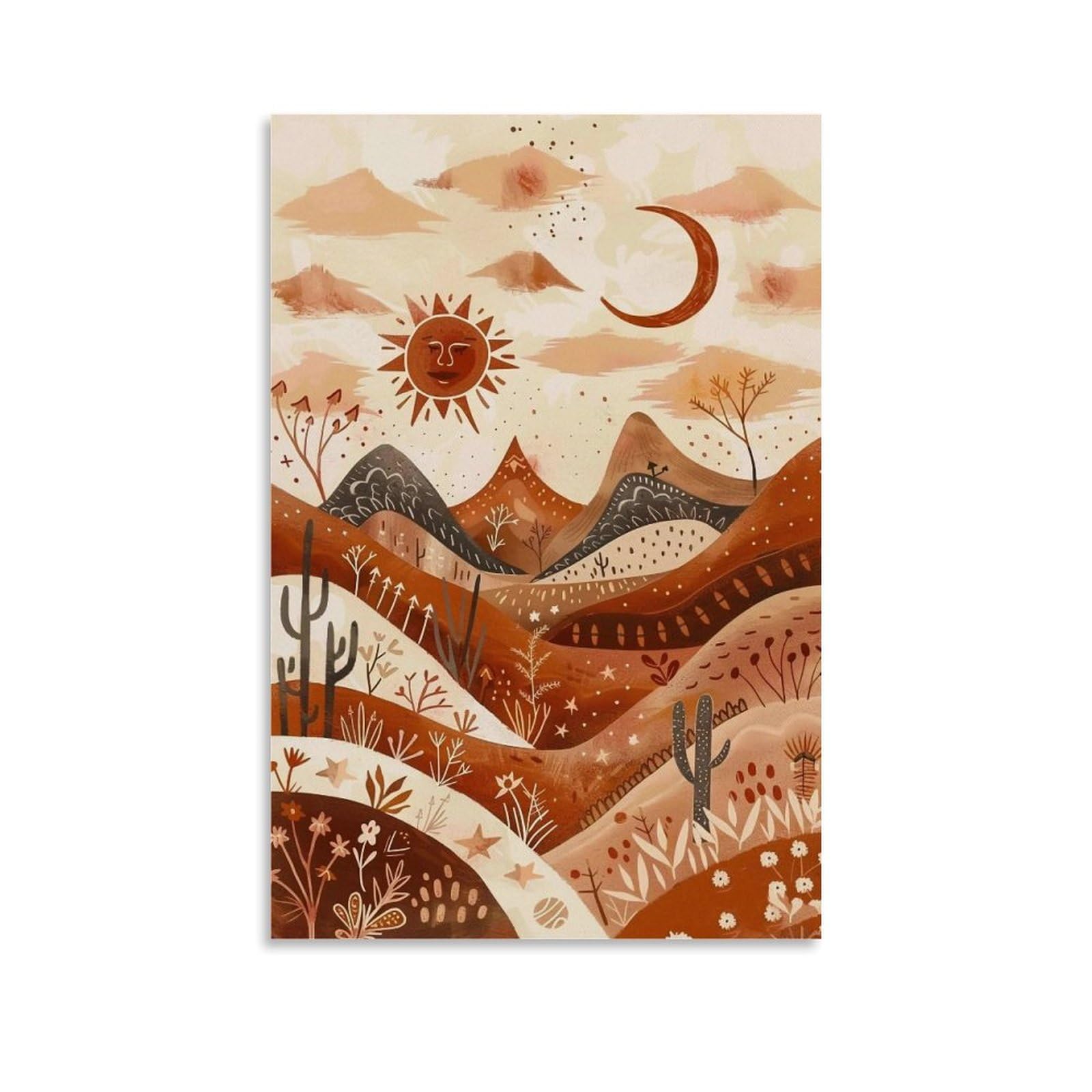 MGHTGRWE Earth Tone Folk Pattern Arid Mountain Cactus Motif 04 Poster Wall Art Canvas Vintage Aesthetic Painting Decor for Rooms 20x30inch Unframe-style