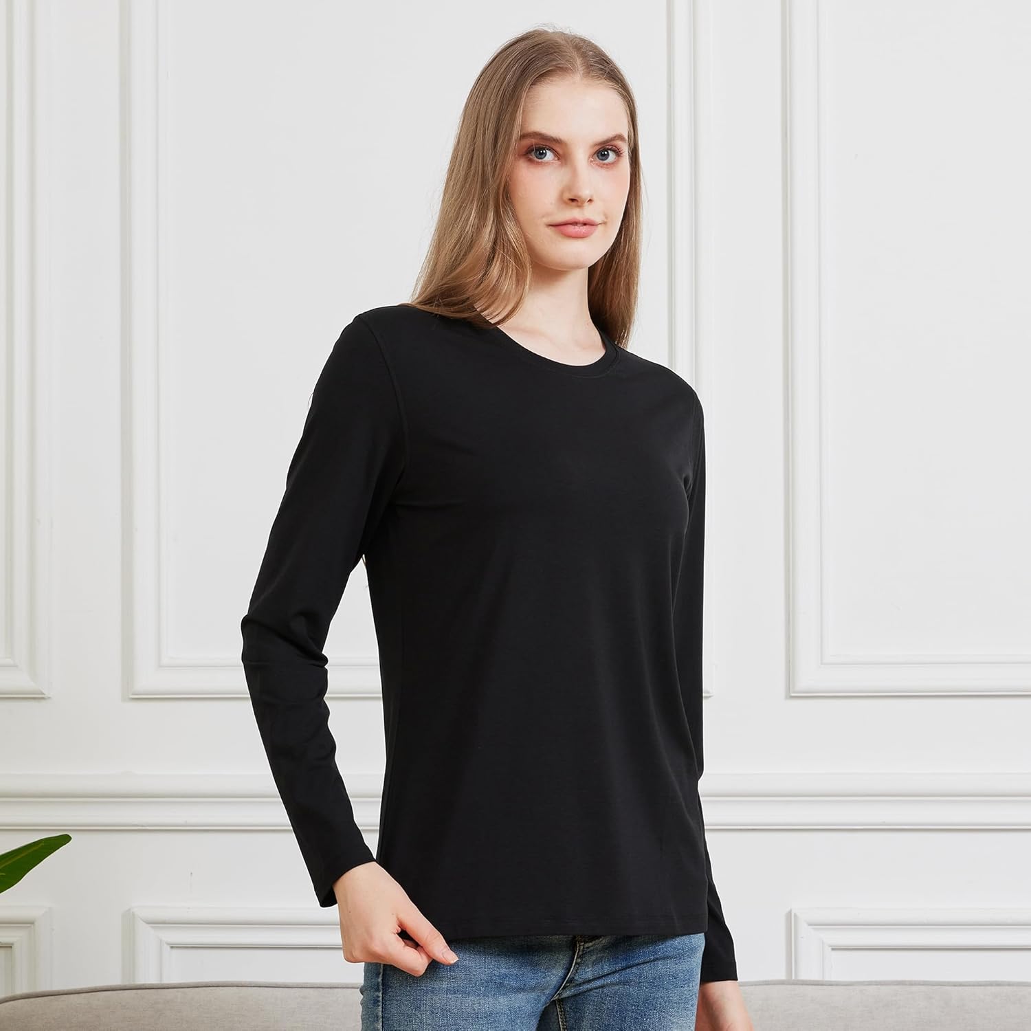 netdraw Women's Bamboo Viscose Cotton Long Sleeve T-Shirt, Crew Neck Buttery Soft Comfy Casual Lounge Sleep Pajama Tees - Image 2