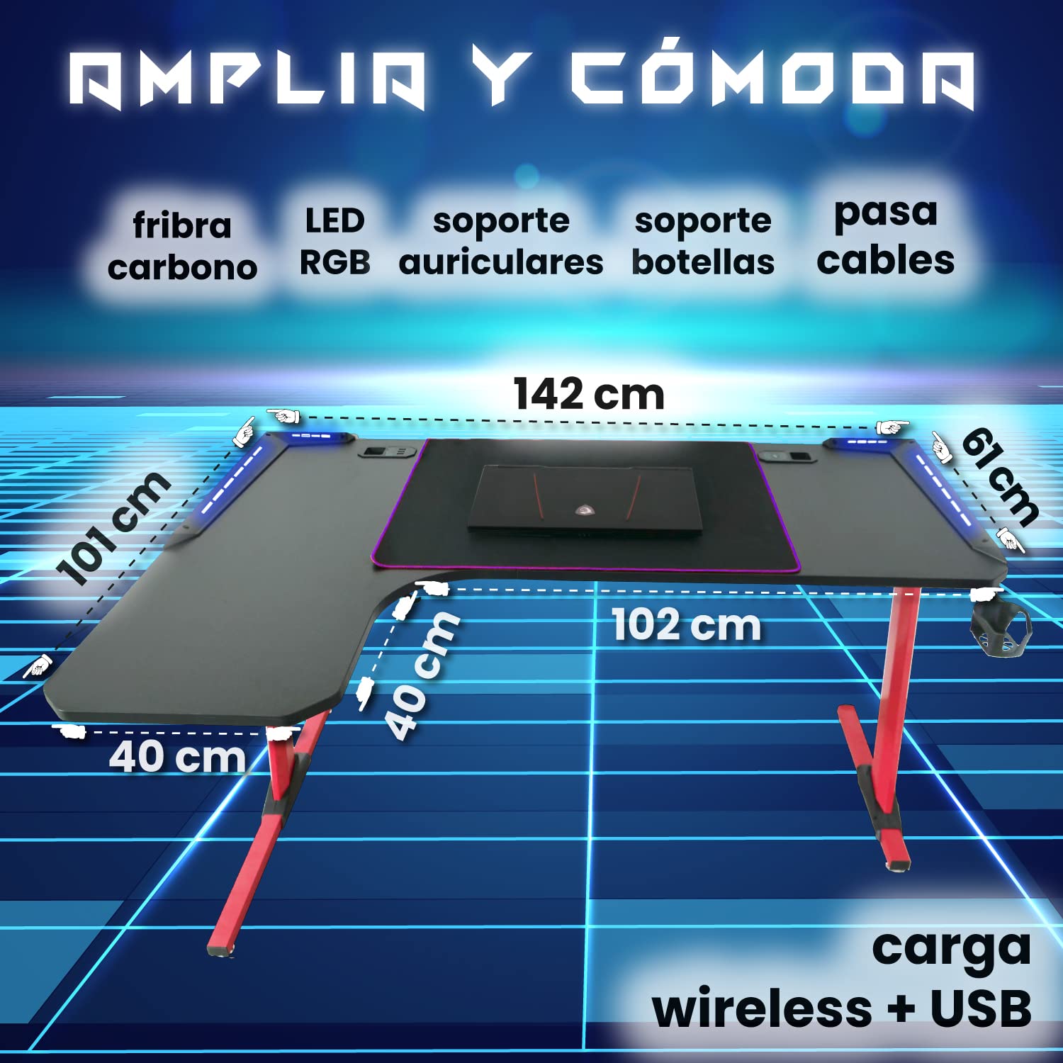 Mesa Gaming, 140cm x 60cm, Gaming Desk, Mesa Grande para Ordenador Consola PS5, Xbox Series, Patas de Acero, RGB LED, Base de Alfombrilla, Mesa Gaming Esquina