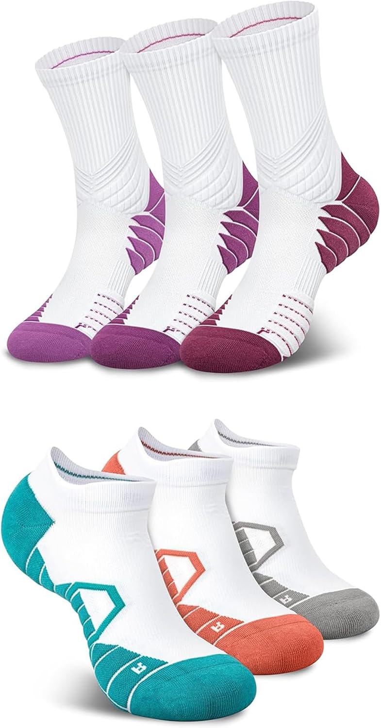 Hylaea 6 Pairs Running Socks for Men, Coolmax Anti-Blister Cushion Socks for Athletic, Padded Moisture Wicking & Seamless Size M Red & Red Blue Grey