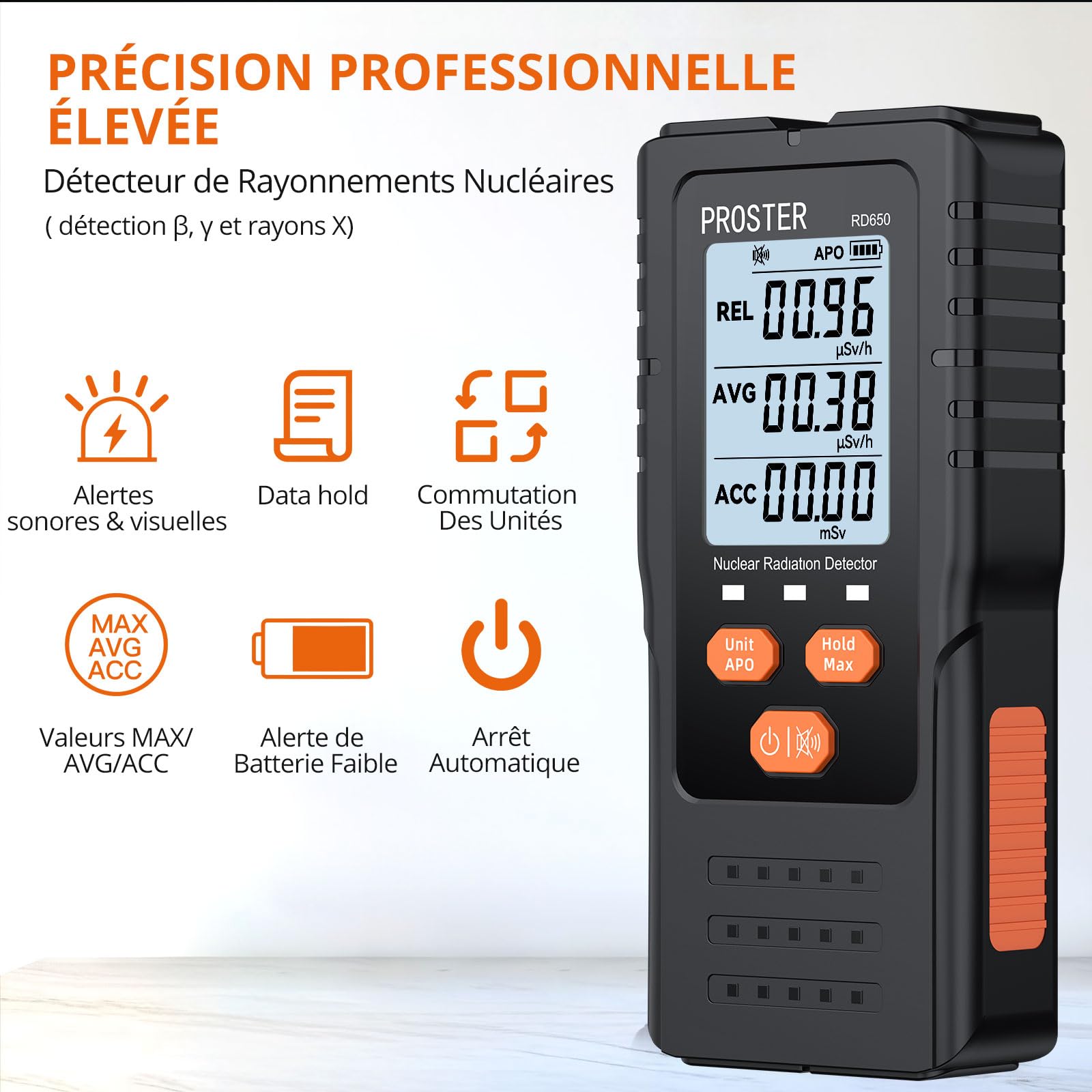 Proster Compteur Geiger Portable – Détecteur de rayons X, Gamma, Bêta avec Alarmes Sonore/Lumineuse, Écran Couleur HD 2.4", Dosimètre 0.00~9999µSv/h pour Maison, Laboratoire, Tests Environnementaux