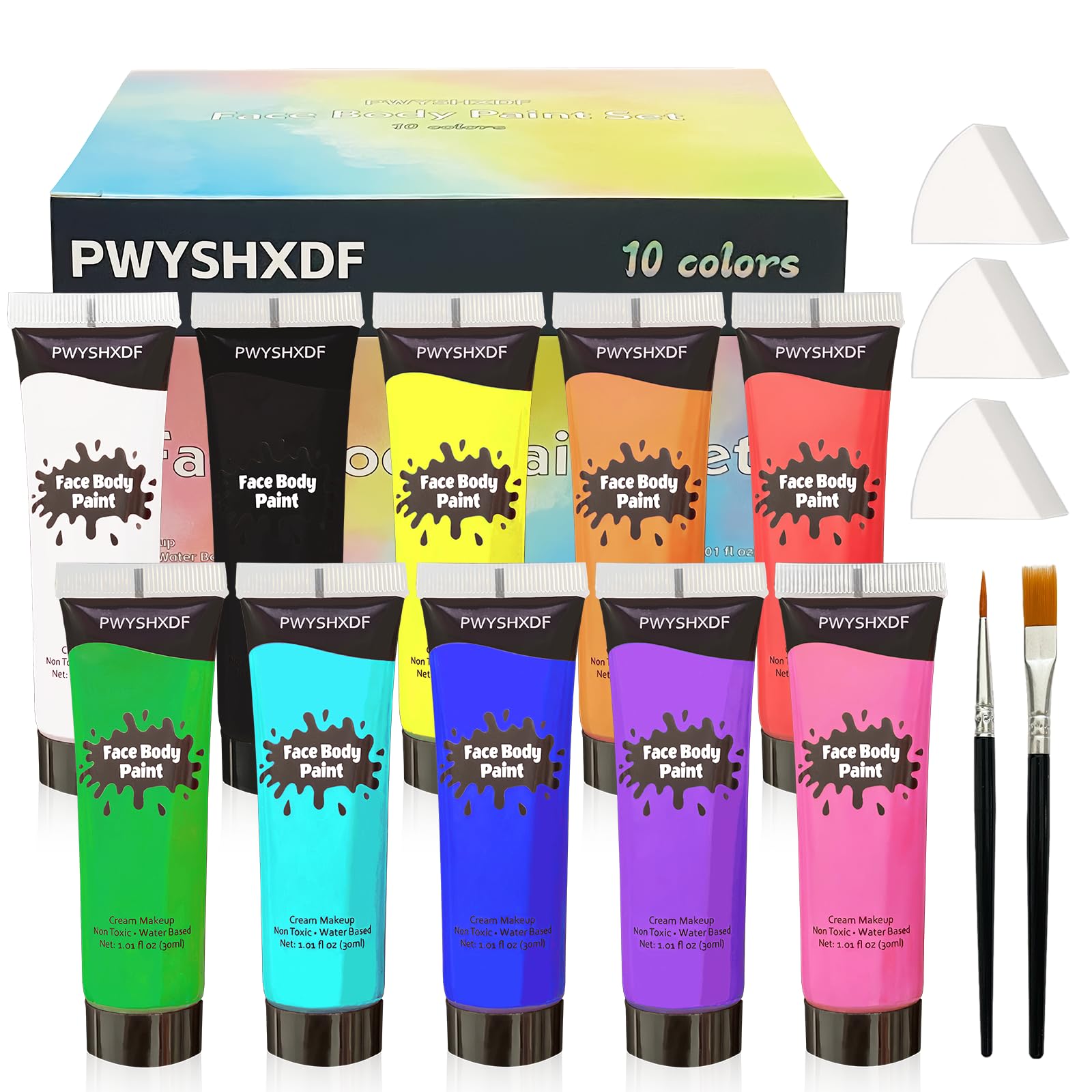 10 Colors Face and Body Paint Set, Washable Body Paint for Adults, Water Based Body Paint with Brushes & Sponges, Non Toxic Face Paint for Halloween Party Cosplay Stage, Facepaint Makeup