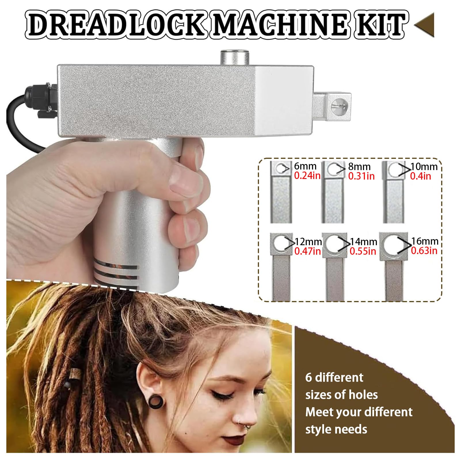 Handgehaltenes Dreadlock-Werkzeug, automatische Loc Maker-Maschine mit 6 austauschbaren Lochgrößen (6/8/10/12/14/16 mm) und Mehreren Styling-Tools