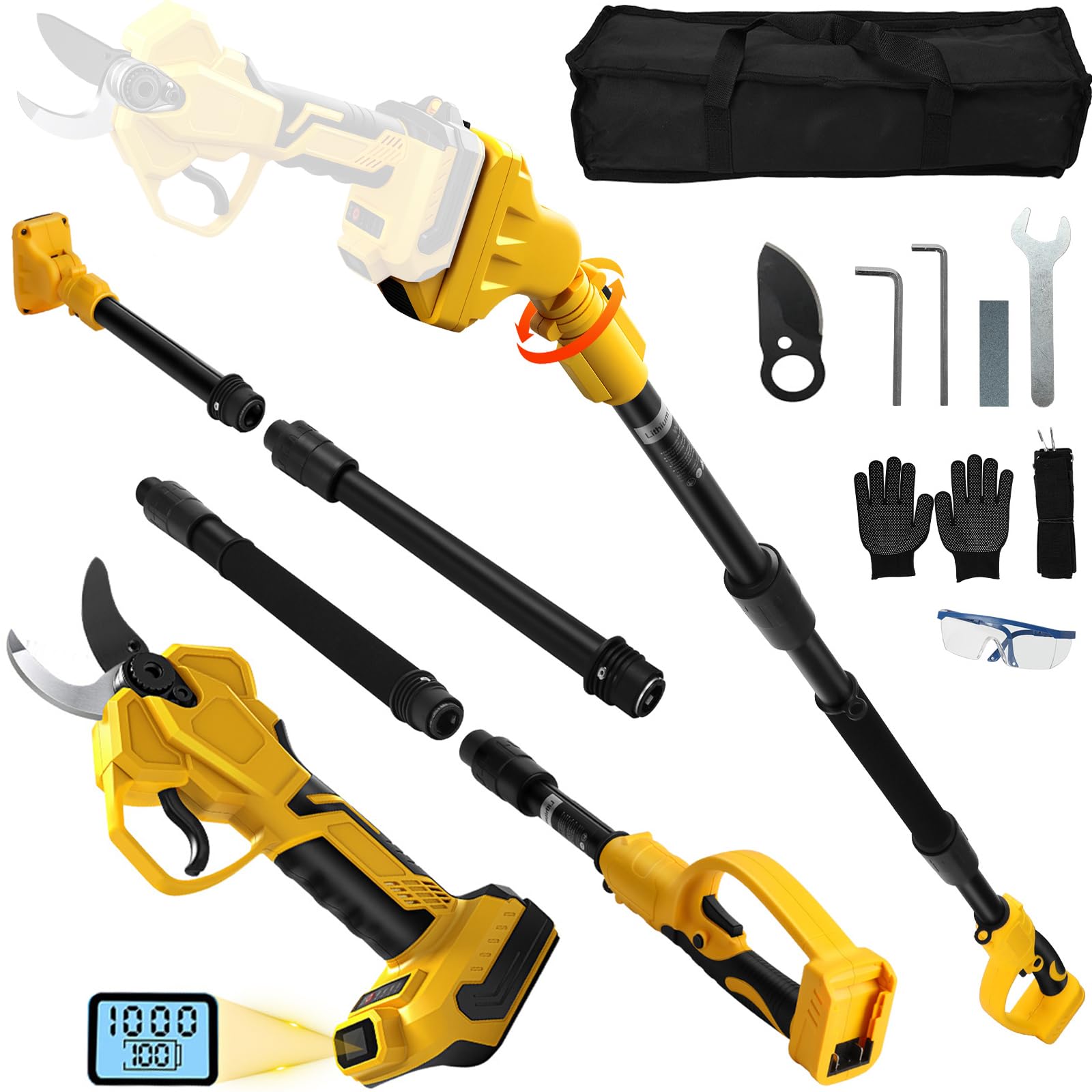 Cesoia elettrica a batteria per alberi da giardino 2 IN 1 con barra telescopica per Dewalt 20V 18V, motore senza spazzole, elettrica, sega a batteria, LCD per il taglio di alberi da frutta (senza