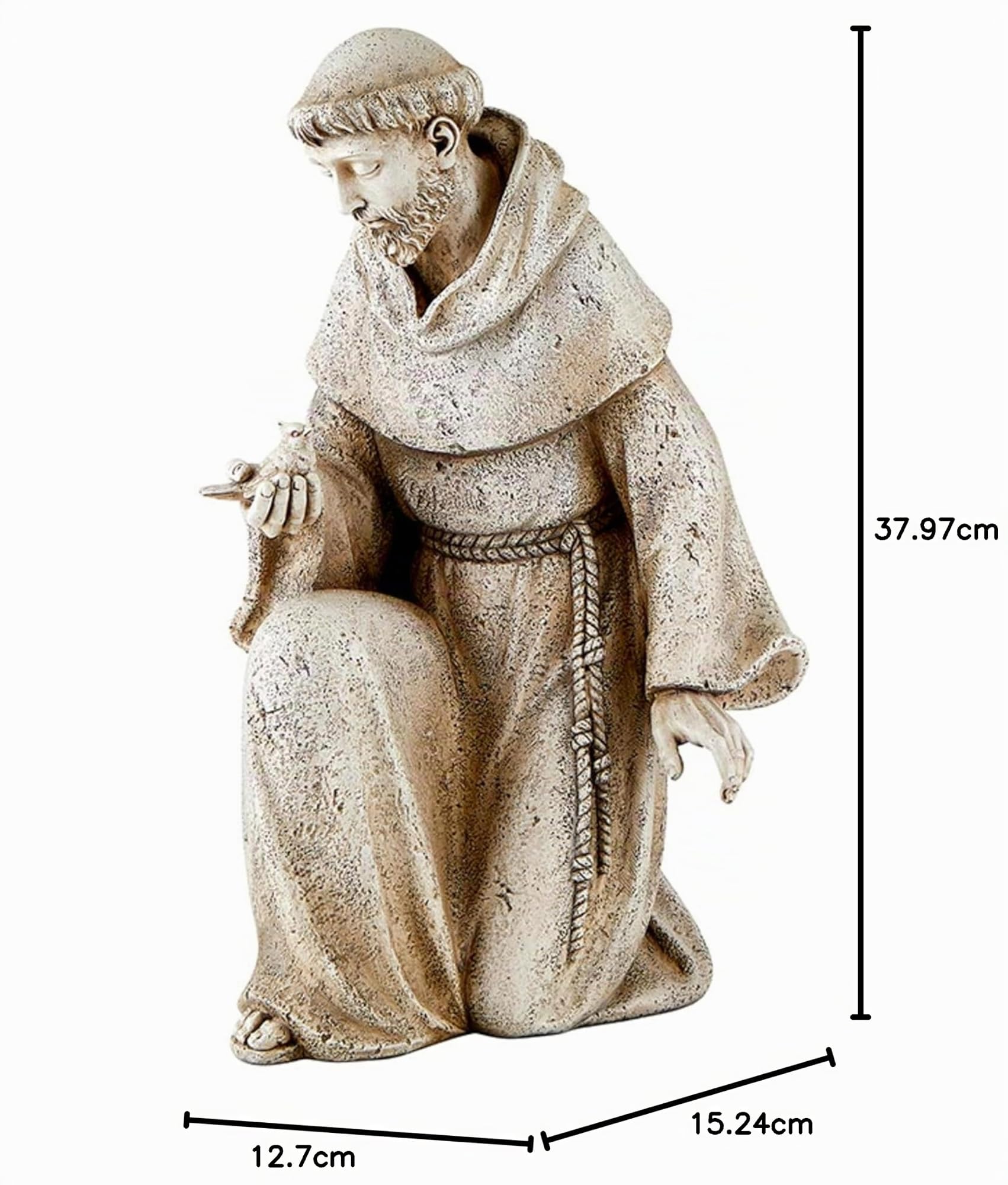 Avalon Gallery Statua da giardino San Francesco d'Assisi in pietra resina interno/esterno scultura cattolica 36,8 cm di altezza, inginocchiato con uccello