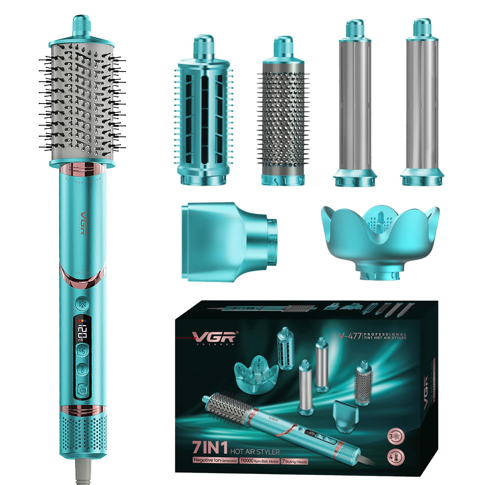 VGR 477 Multiestilizador de Aire Caliente 7 en 1 con Pantalla LED, Verde | Motor BLDC 110000 RPM, 4 Temperaturas y 3 Velocidades, Tecnología Iónica, Cable Giratorio 360°, Secador y Rizador 1200–1400 W