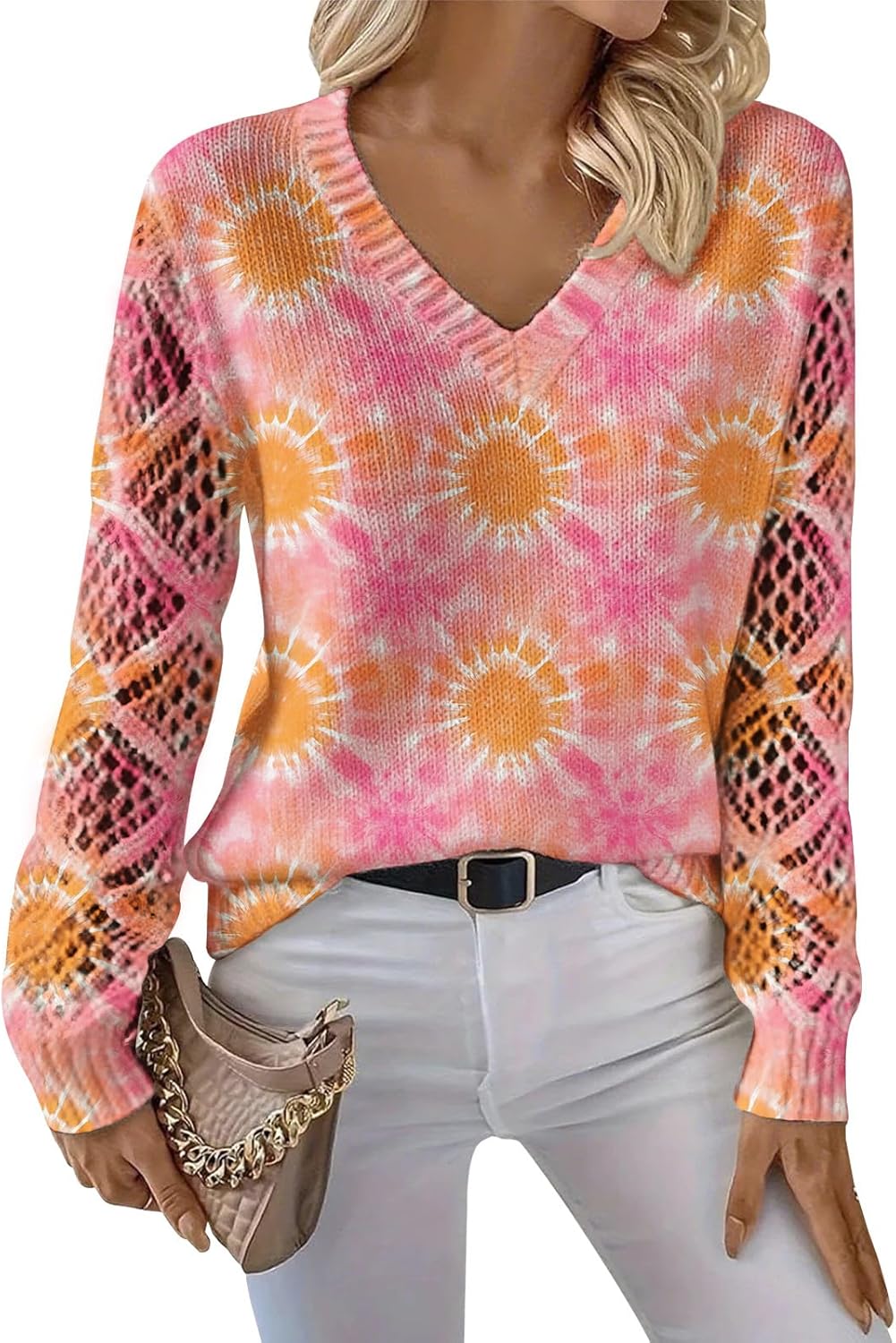 Women's Boho Pullover Sweater Hollow Out V-Neck Crochet Sweaters Long Sleeve Spring Fall Casual Soft Fashion Pullover