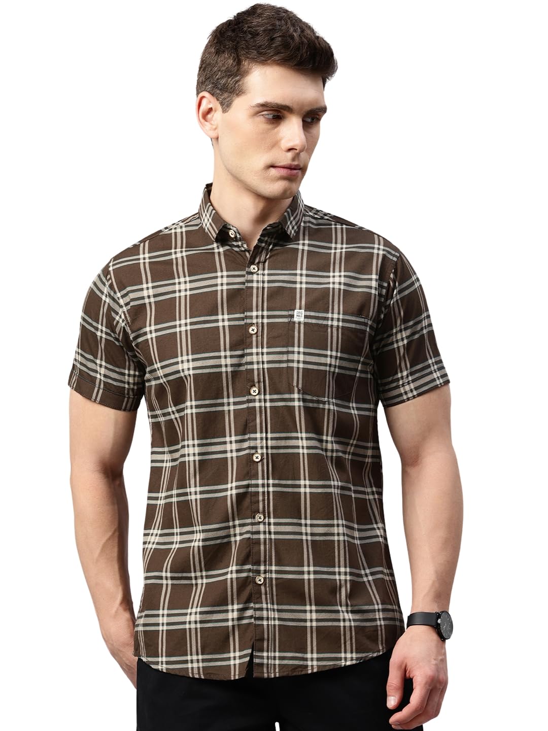 Majestic Man Slim Fit Checked Cotton Shirt (Brown, Large) - Image 1