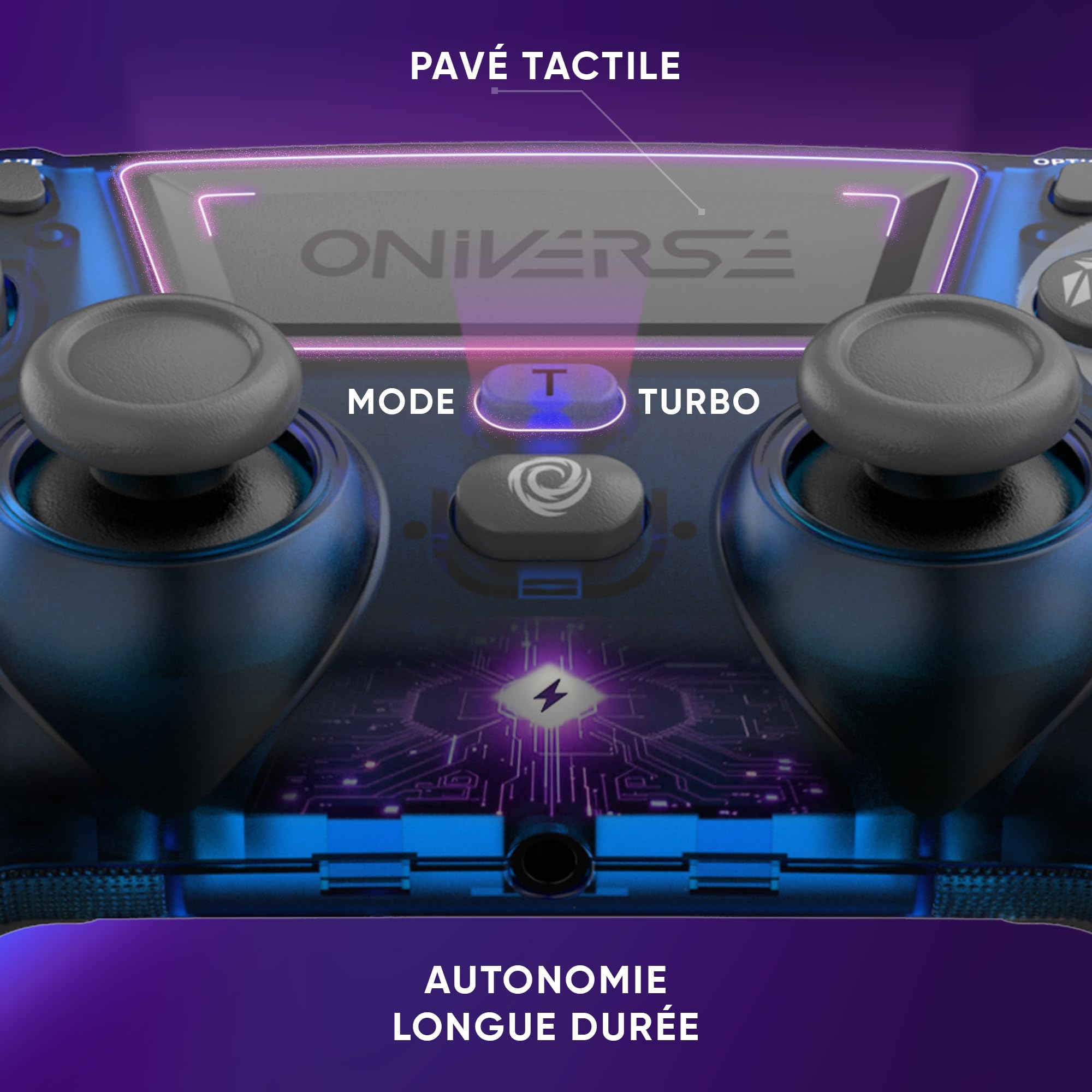 Oniverse Manette sans fil pour PS4, PS3, PC, Android iOS, prise casque, joystick à effet Hall, batterie rechargeable de 1000 mAh, touches macro, fonction réveil, gyroscope 6 axes, Revolt Blue