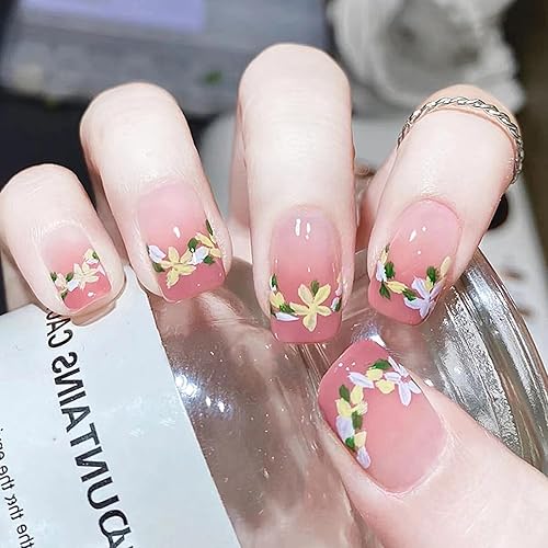 Miniatura 1 de Uñas postizas cuadradas cortas con diseños de flores simples, uñas postizas de verano, uñas postizas de cobertura completa, acrílicas, nude, uñas
