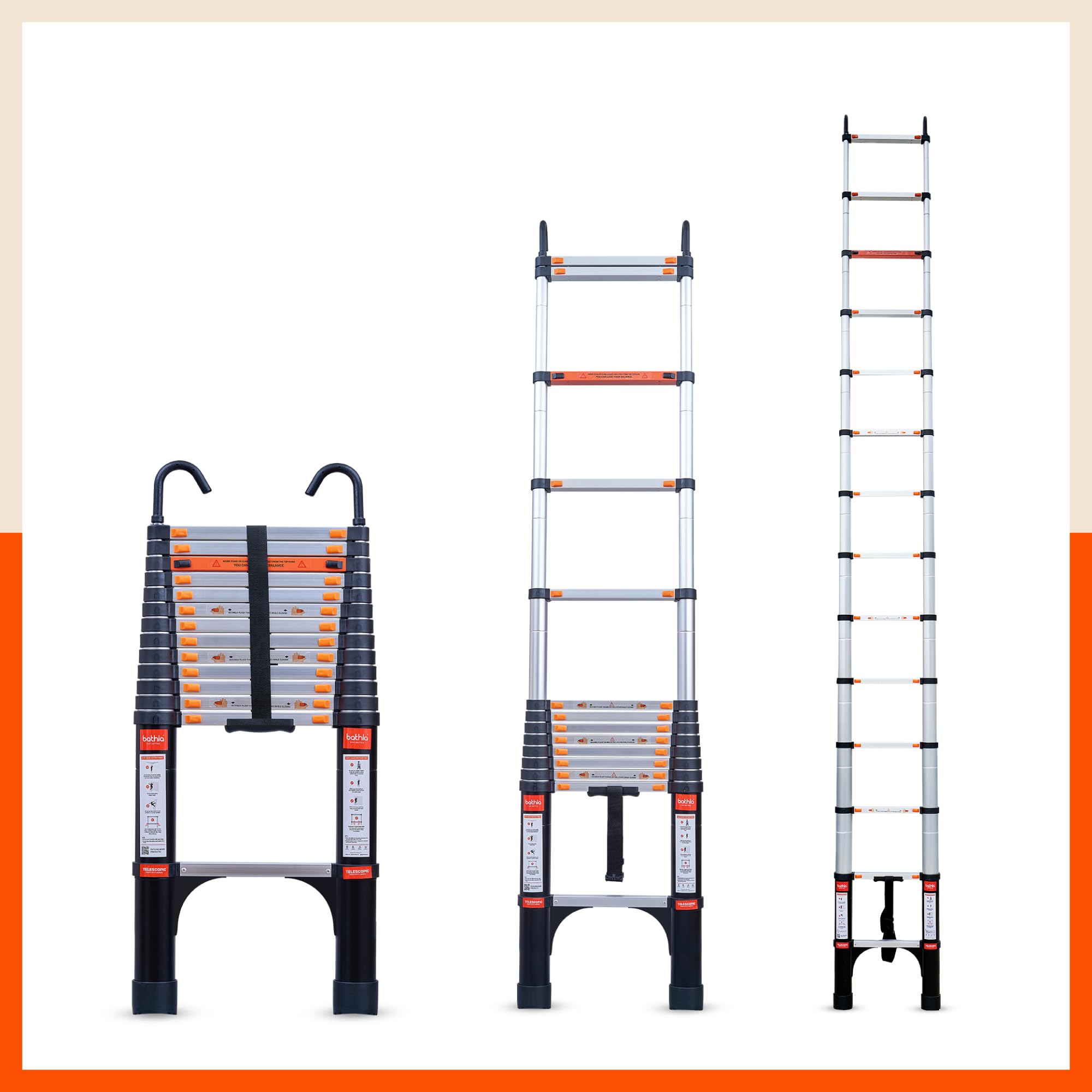 Bathla 23.6 ft Aluminium Telescopic Ladder with Safety Hooks & Triangle Stabilizers | EN131 Certified | 2-Year Manufacturer Warranty | Portable & Compact |150kg Load Capacity | Made in India (7.2 mtr) — Amazon image 16
