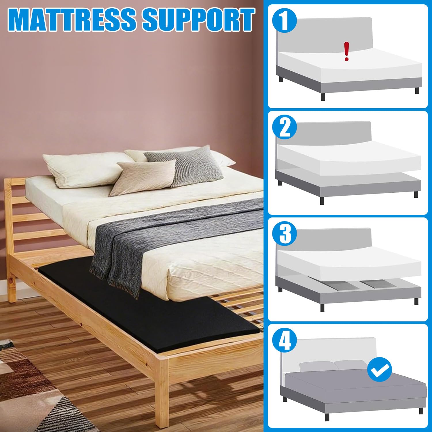 Support de matelas affaissé pour réparer les lits qui coulent - Coussin en mousse haute densité - 120 x 60 x 5 cm - Noir - Support trapézoïdal sous le matelas - Planches de support découpables