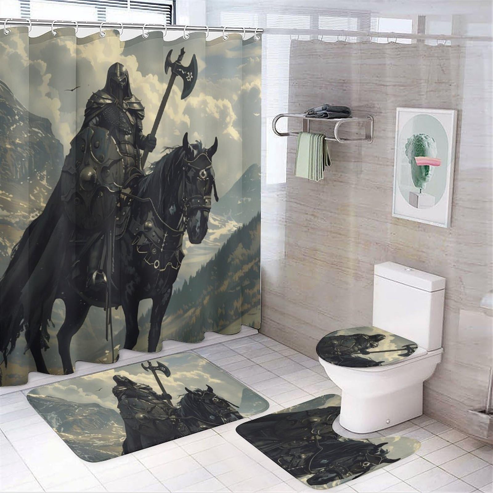 CGSBNGHA Death Dealer Viking On Horse Shower Curtain Set 4 Piece Bathroom Sets with Rugs Toilet Lid Cover And U-Shaped Floor Mat