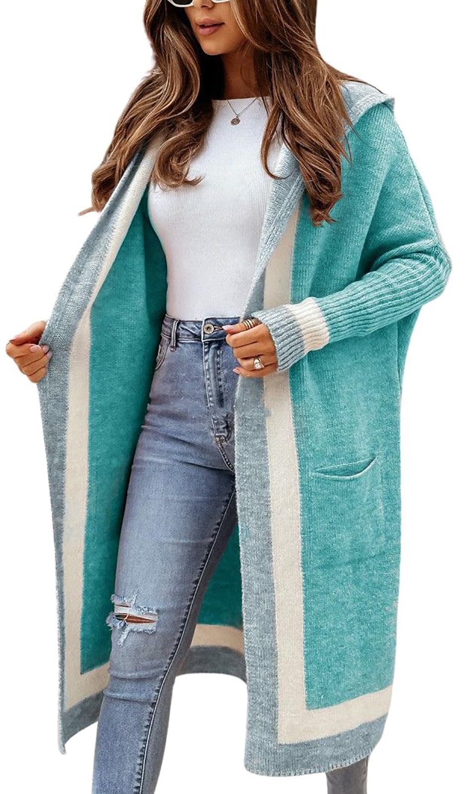 utcoco Womens Oversized Hooded Cardigan Sweaters Color Block Open Front Long Sweater Coat Outwear with Pockets