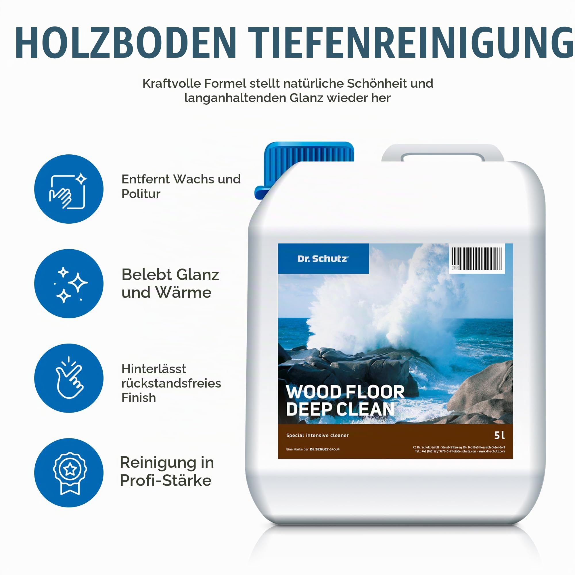 Dr. Schutz Intensivreiniger 5 L für Parkett & Kork | Parkettreiniger löst hartnäckigen Schmutz und Fettflecken von versiegelten, geölten, gewachsten Böden | Holzboden Reiniger | Parkett Reinigung