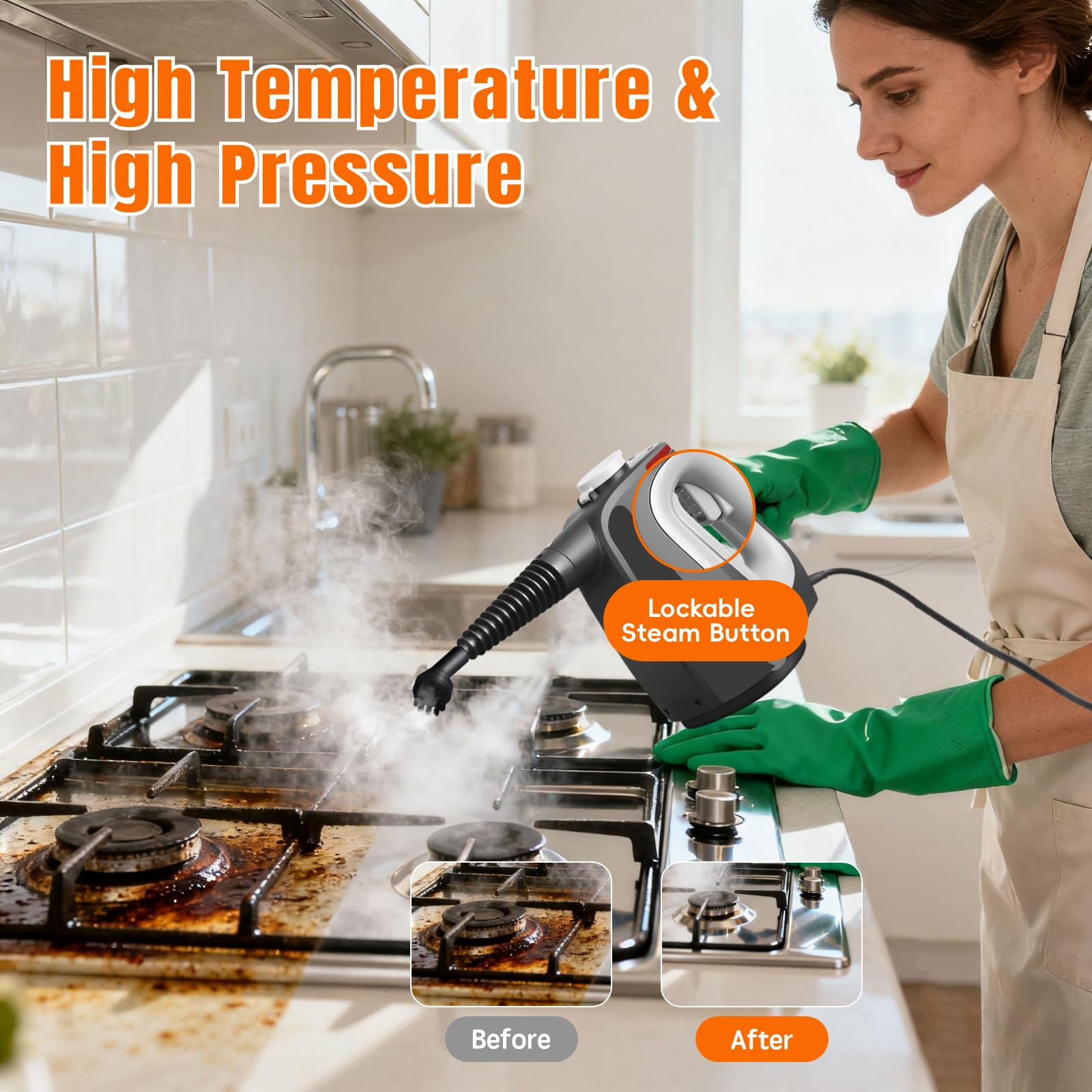 Limpiador de vapor de mano a presión para el hogar, vaporizador multisuperficie con 14 accesorios para limpieza de la casa, calentamiento rápido de 20 segundos, limpiador de vapor portátil de 1350 W