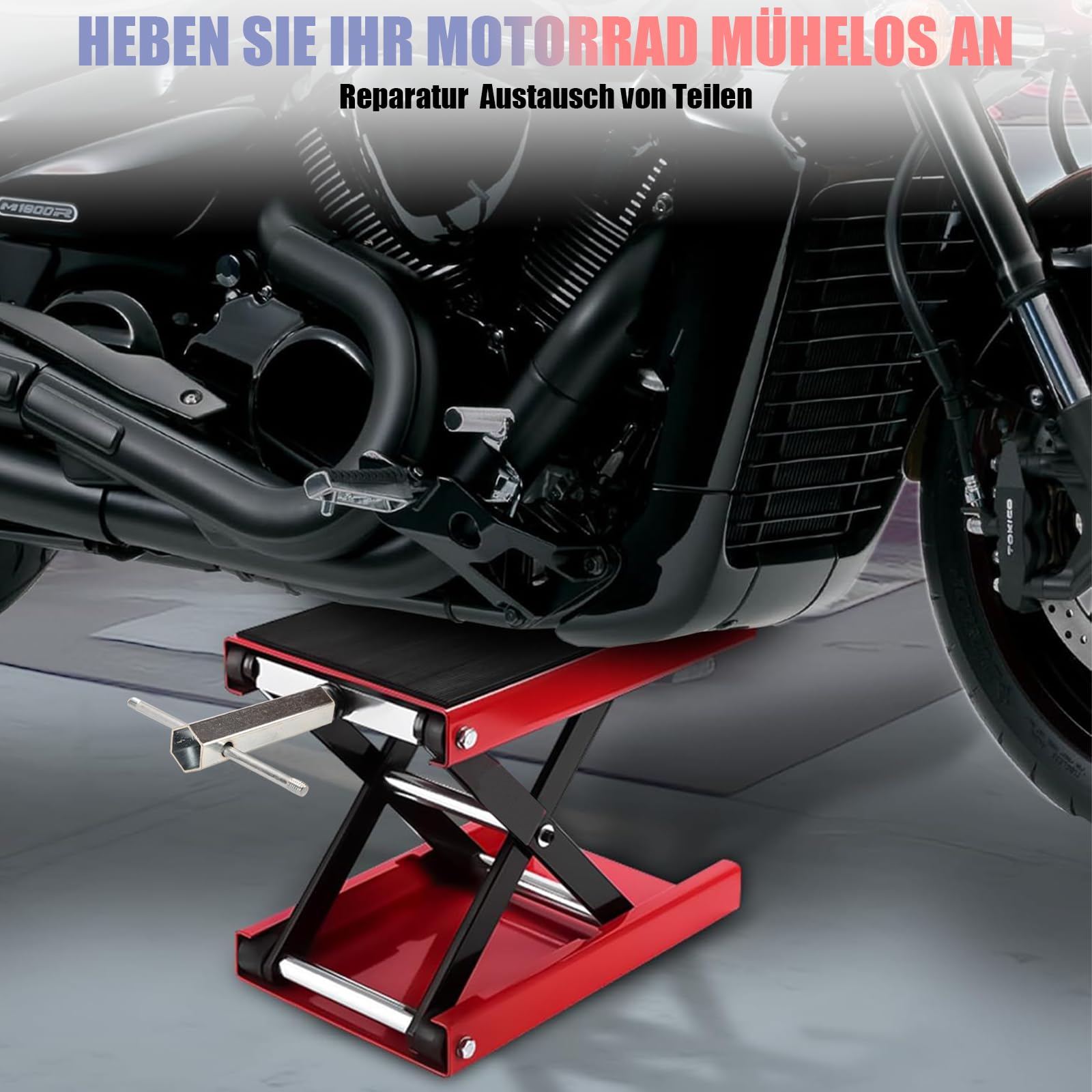 Sollevatore per moto – Piattaforma larga meccanismo di sollevamento a forbice, altezza di sollevamento 8,5 cm – 34 cm, portata 500 kg, per moto, biciclette, fuoristrada