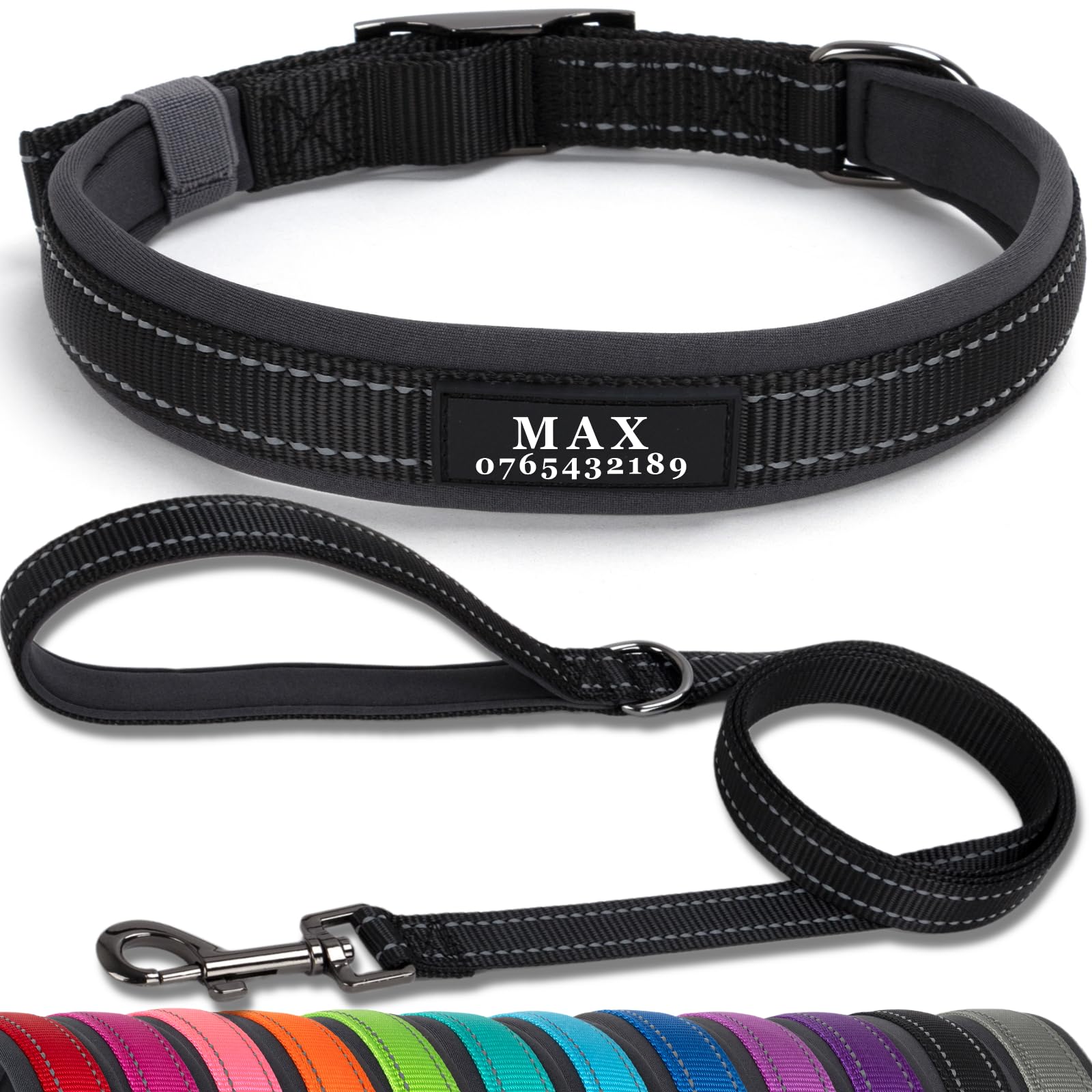 SEOUGEE Personalised Dog Collar and Lead Set | Durable Metal Buckle | Ultra Wide Soft Neoprene Padded | Adjustable Reflective Dog Collar for Medium Large Dogs (L, Black Set 47-57cm)