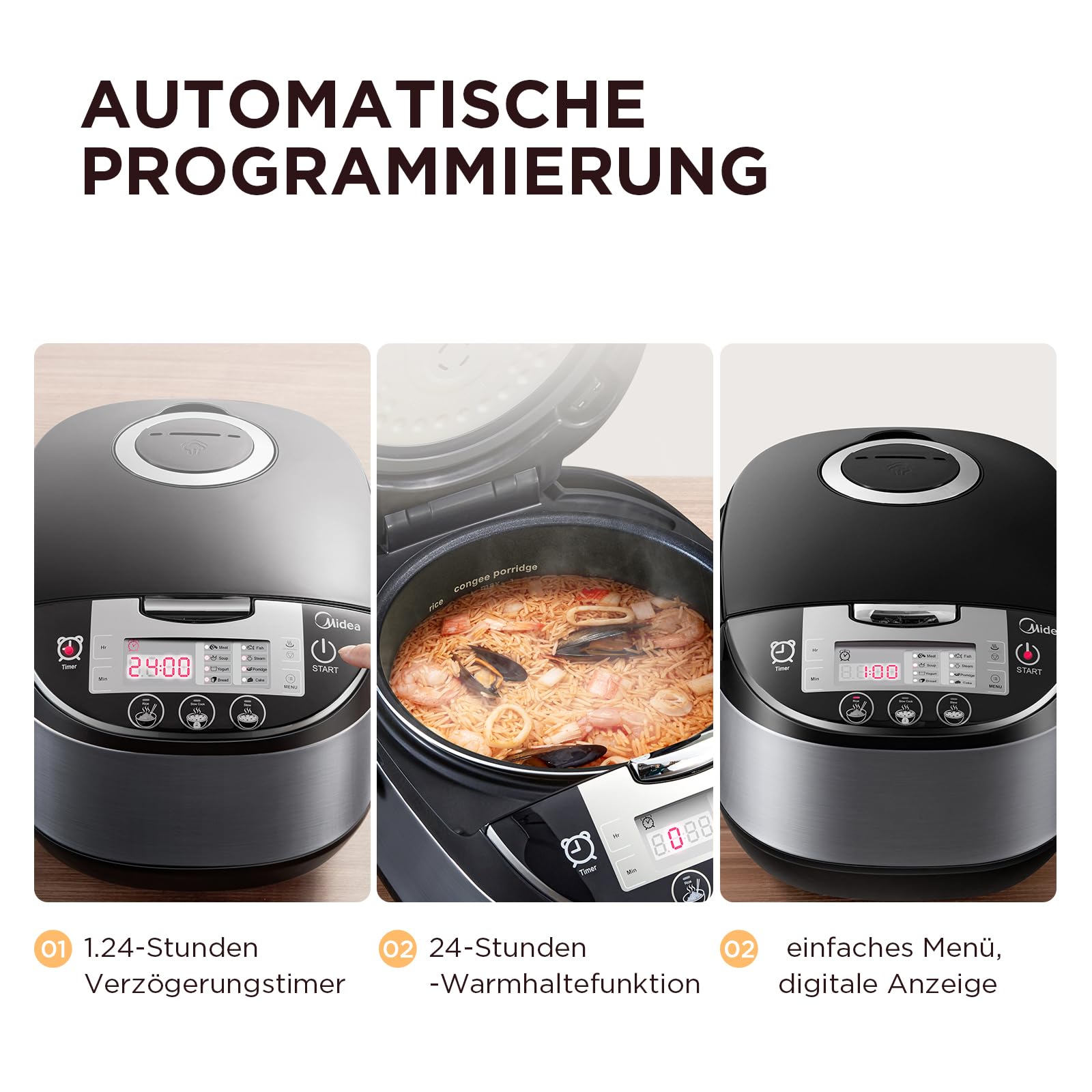 Midea Reiskocher, Multikocher mit 11 Programme, Rice Cooker 5 L für 2-10 Personen, Slow Cooker & Dampfgarer mit 24h Warmhaltefunktion, Timer, inkl. Dämpfeinsatz, Löffel & Messbecher, Schwarz & Silver