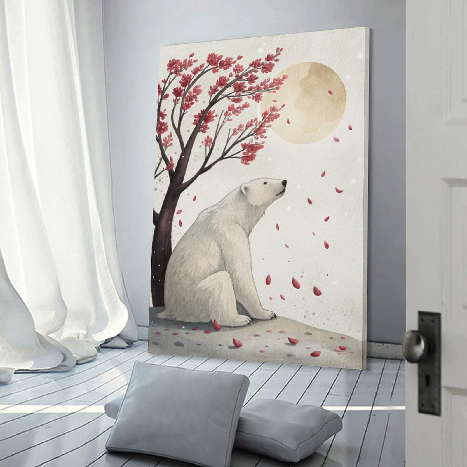 Junmoney Room Decor Wall Art Polar Bear Under Cherry Blossoms, 20x30inch(50x75cm), for Hallway, Bedroom Or Modern Interiors, Gift Idea for Housewarming And Birthdays