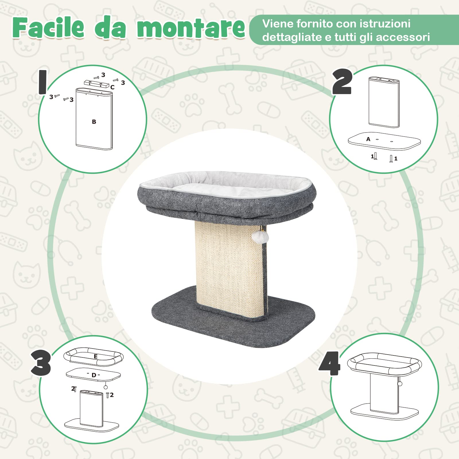 GYMAX Albero Tiragraffi per Gatti in Legno con Rivestimento in Peluche, Paletti in Sisal, Nido Confortevole, Palla da Appendere, 59 x 39,5 x 50 cm, Portata 20 kg (GRIGIO)