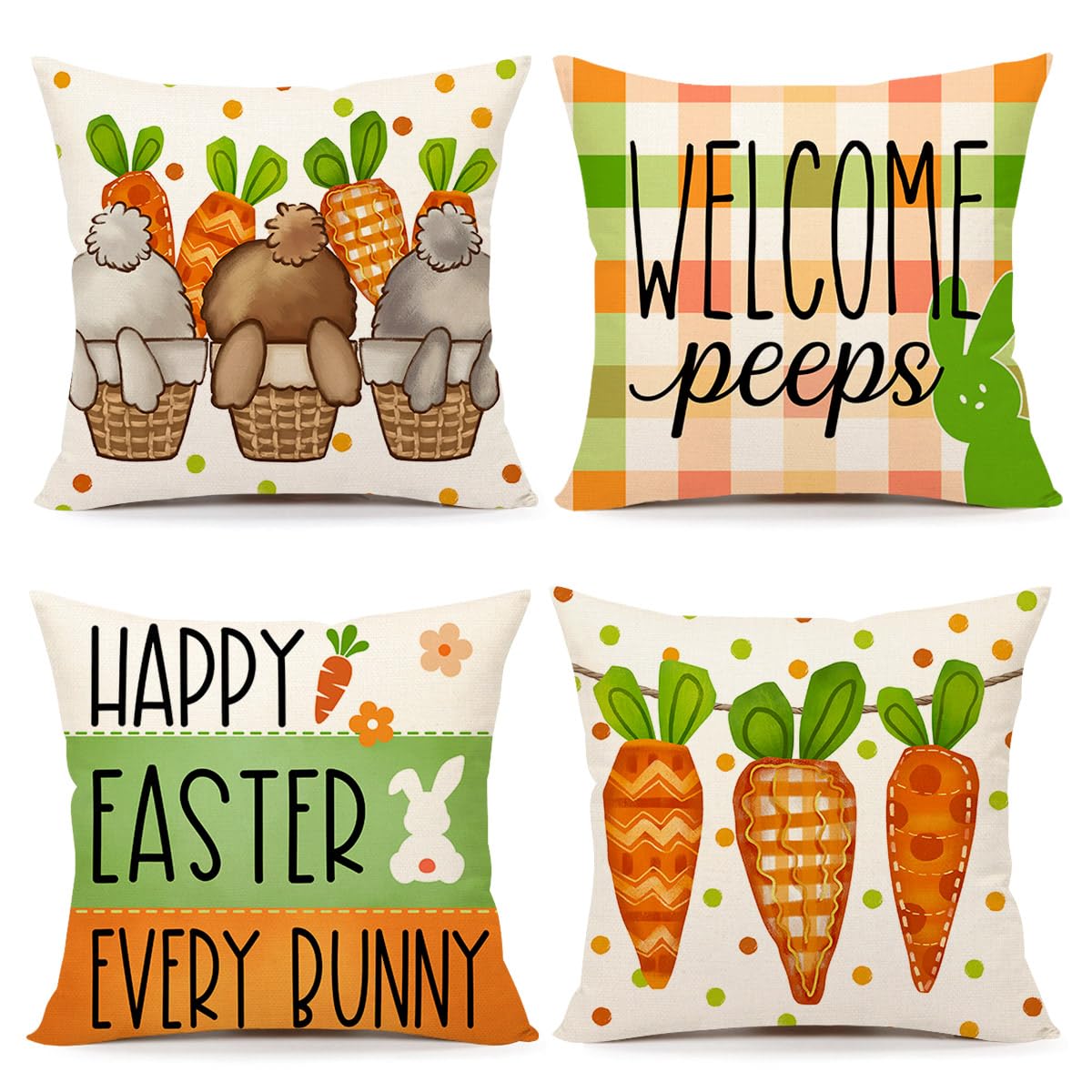 4TH Emotion Easter Pillow Covers 18x18 Set of 4, Welcome Peeps Bunny Carrots Farmhouse Decorations Spring Holiday Decor Throw Cushion Case for Home Couch TH210