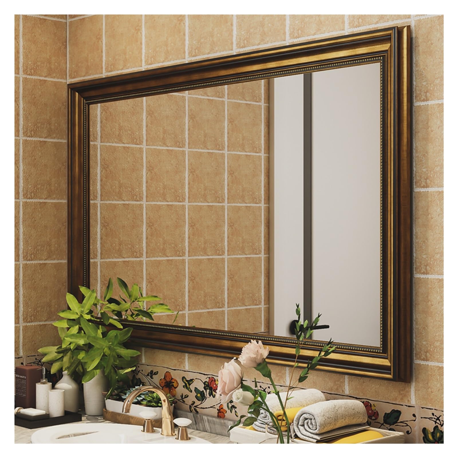 SXFSDOU Retro Wall-Mounted Bathroom Mirror with Wood Frame - Antique Rectangular Makeup & Shaving for Home Décor (Bronze, 50x70cm/19.7x27.5in)