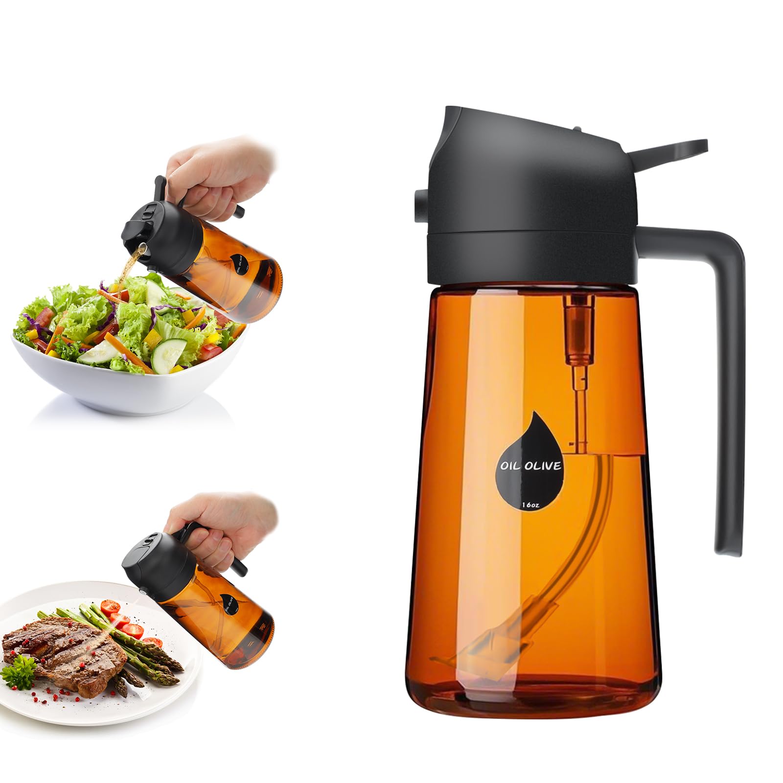 2 in 1 Oil Sprayer for Cooking, Olive Oil Dispenser Bottle for Kitchen Spray and Pour, 16oz/470ml Light-Blocking Dark Amber Glass Brown Bottle, Food-Grade Oil Mister for Air Fryer Black Cap