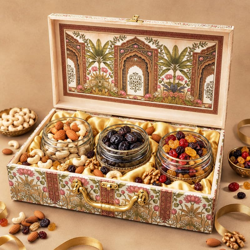 Image of Brijbooti Dry Fruits Gift Pack 510g | Premium Dry Fruits Gift Box | Almonds & Cashew Mix, Khajoor & Mix Berries | Diwali Gift Hamper | Diwali Gifts for Employees | Corporate & Festive Gift | 3 Jar Pack | Premium Peacock Design Suitcase