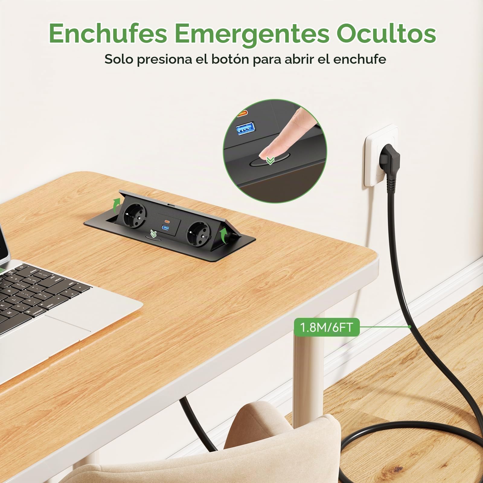 Regleta Enchufes USB C PD 20W, Enchufes Multiples Empotrada Escritorio, Regleta Enchufes Oculto con USB, Regleta Retractil para Familia, Cocina y Oficina, Regleta 1.8 Metros Cable, Negro